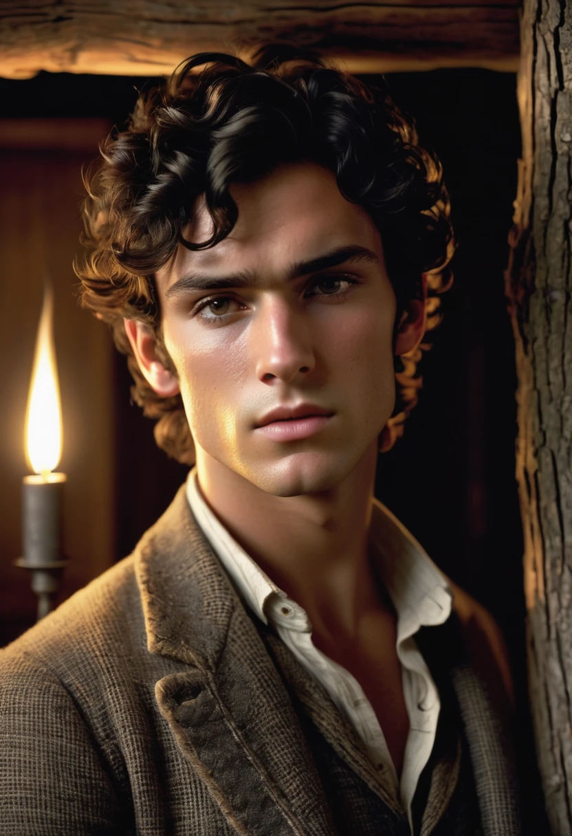 (highly detailed, soft light, photorealistic, dynamic light; cinematic); victorian era; 1820s; 24 years old man; Greek; 1820s Anglican priest; incredibly attractive; dark and brooding; masculine yet beautiful; helpless longing stare; confused expression; Adonis; moody; intense; hooked Greek nose; sensual; amorous air; very attractive; lean figure; olive skin; stubble; hazel-green eyes; thick strong dark-brown eyebrows; long full sideburns; 1820s brown woolen work clothes, unbuttoned, hairy ????? showing; short tousled dark-brown wavy hair; full luscious moist lips, parted; mouth slightly open; standing in a cosy candle-lit log cabin in 1820's Canada; looking at camera