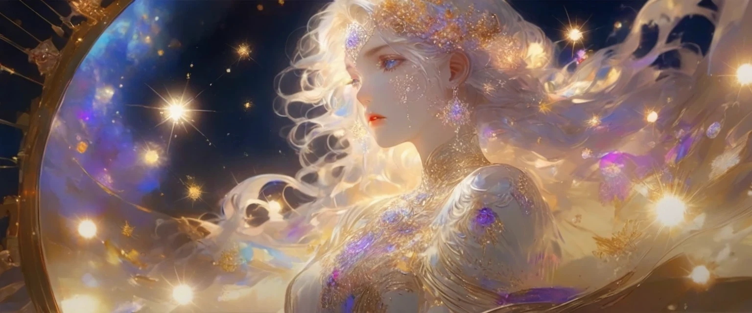 A girl standing alone under the starry night sky, with her silhouette illuminated by the soft moonlight and twinkling stars. Her face is beautifully detailed, with mesmerizing eyes that seem to reflect the universe itself, long and fluttering eyelashes, and exquisitely defined lips. She is dressed in an elegant gown, flowing and ethereal, embracing her figure gracefully as it glimmers with a subtle celestial glow. The intricate details of her dress catch the faint starlight, creating a mesmerizing sparkle. The surrounding landscape showcases a serene garden, lush with vibrant foliage and colorful flowers. The air is filled with a gentle breeze, causing the leaves to rustle and the flowers to sway delicately. The garden is bathed in a warm, dreamy color palette, with hues of deep blues, purples, and hints of silver. The atmosphere is calm and tranquil, evoking a sense of peace and serenity. The artwork is of the highest quality, meticulously created with ultra-detailed brushstrokes and precise attention to every element. The texture and depth of the painting are breathtaking, with a sense of realism and photorealism that captures the awe-inspiring beauty of the night sky. The lighting is soft and diffused, casting a gentle glow over the entire scene, enhancing the magical ambiance. The girl's presence radiates a sense of mystery and wonder, as if she holds a secret connected to the celestial beings above. The overall composition evokes a feeling of timelessness and captures the essence of a StarSign, an artwork that embodies the celestial beauty and inner strength of a girl in harmony with the stars.