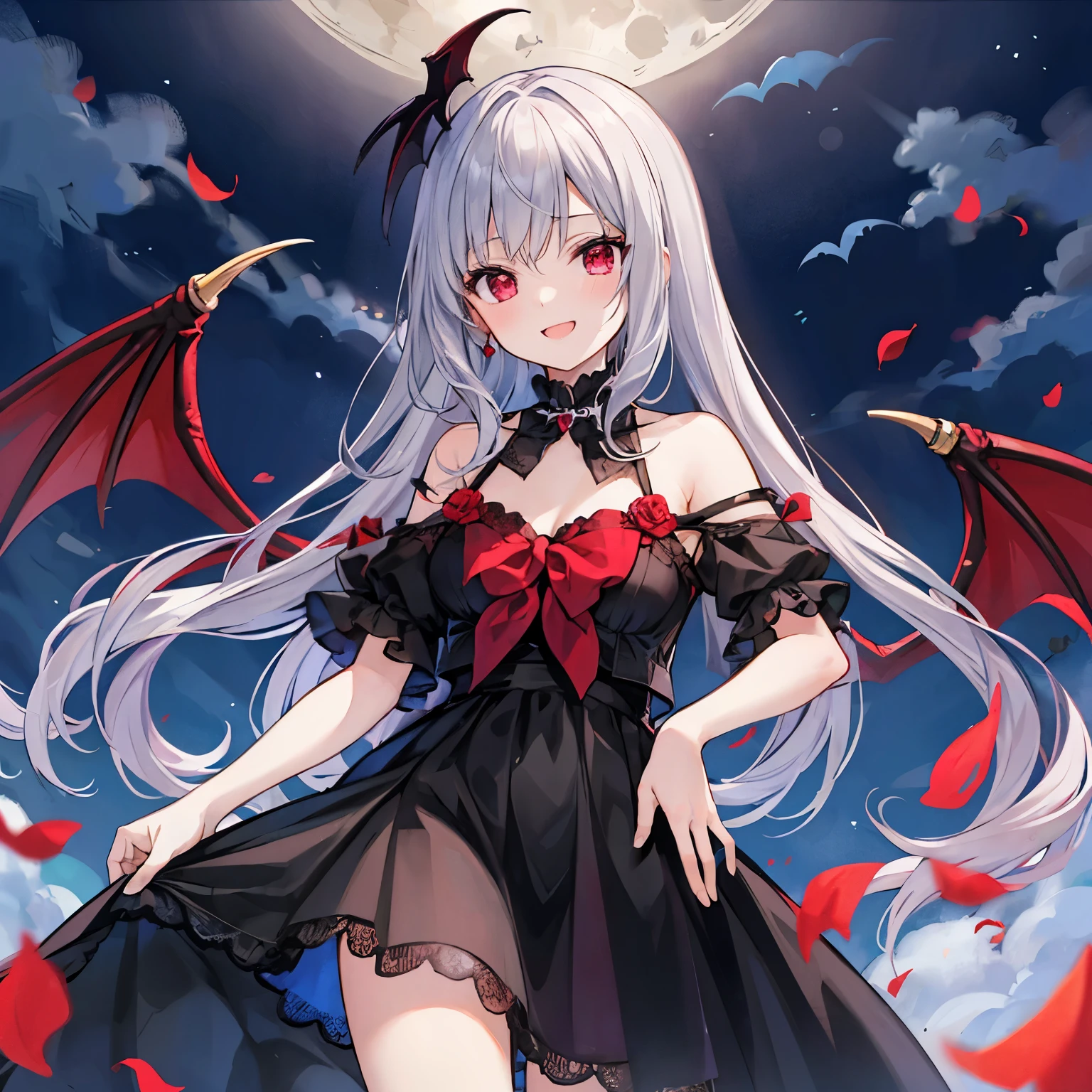 gray hair、red eyes、beautiful girl alone、laughter、moon、vampire