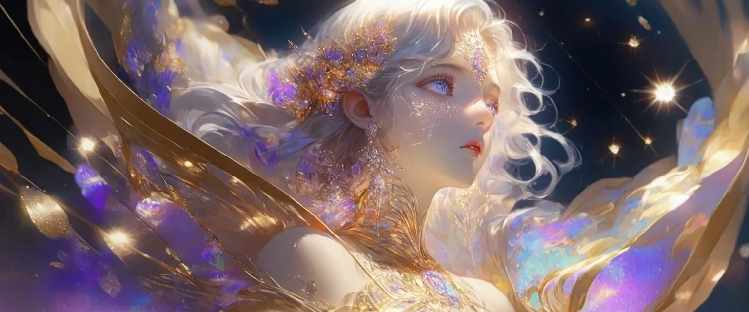A girl standing alone under the starry night sky, with her silhouette illuminated by the soft moonlight and twinkling stars. Her face is beautifully detailed, with mesmerizing eyes that seem to reflect the universe itself, long and fluttering eyelashes, and exquisitely defined lips. She is dressed in an elegant gown, flowing and ethereal, embracing her figure gracefully as it glimmers with a subtle celestial glow. The intricate details of her dress catch the faint starlight, creating a mesmerizing sparkle. The surrounding landscape showcases a serene garden, lush with vibrant foliage and colorful flowers. The air is filled with a gentle breeze, causing the leaves to rustle and the flowers to sway delicately. The garden is bathed in a warm, dreamy color palette, with hues of deep blues, purples, and hints of silver. The atmosphere is calm and tranquil, evoking a sense of peace and serenity. The artwork is of the highest quality, meticulously created with ultra-detailed brushstrokes and precise attention to every element. The texture and depth of the painting are breathtaking, with a sense of realism and photorealism that captures the awe-inspiring beauty of the night sky. The lighting is soft and diffused, casting a gentle glow over the entire scene, enhancing the magical ambiance. The girl's presence radiates a sense of mystery and wonder, as if she holds a secret connected to the celestial beings above. The overall composition evokes a feeling of timelessness and captures the essence of a StarSign, an artwork that embodies the celestial beauty and inner strength of a girl in harmony with the stars.