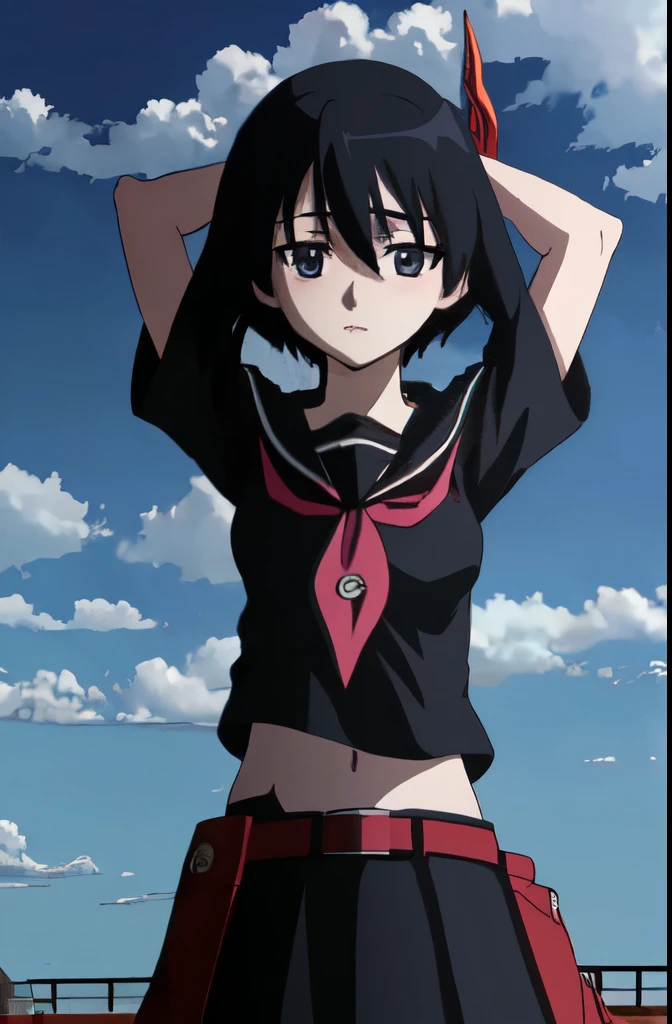 agkkurome, kurome, short hair, black hair, (black eyes:1.3), hair between eyes BREAK skirt, serafuku, belt, black serafuku, short sleeves, belt, black skirt, neckerchief, red neckerchief, blush, wind blown shirt, loose shirt BREAK outdoors, school, sky, clouds, sun, wind BREAK looking at viewer, (cowboy shot:1.3), arms up BREAK (masterpiece:1.2), best quality, high resolution, unity 8k wallpaper, (illustration:0.8), (beautiful detailed eyes:1.6), extremely detailed face, perfect lighting, extremely detailed CG, (perfect hands, perfect anatomy),