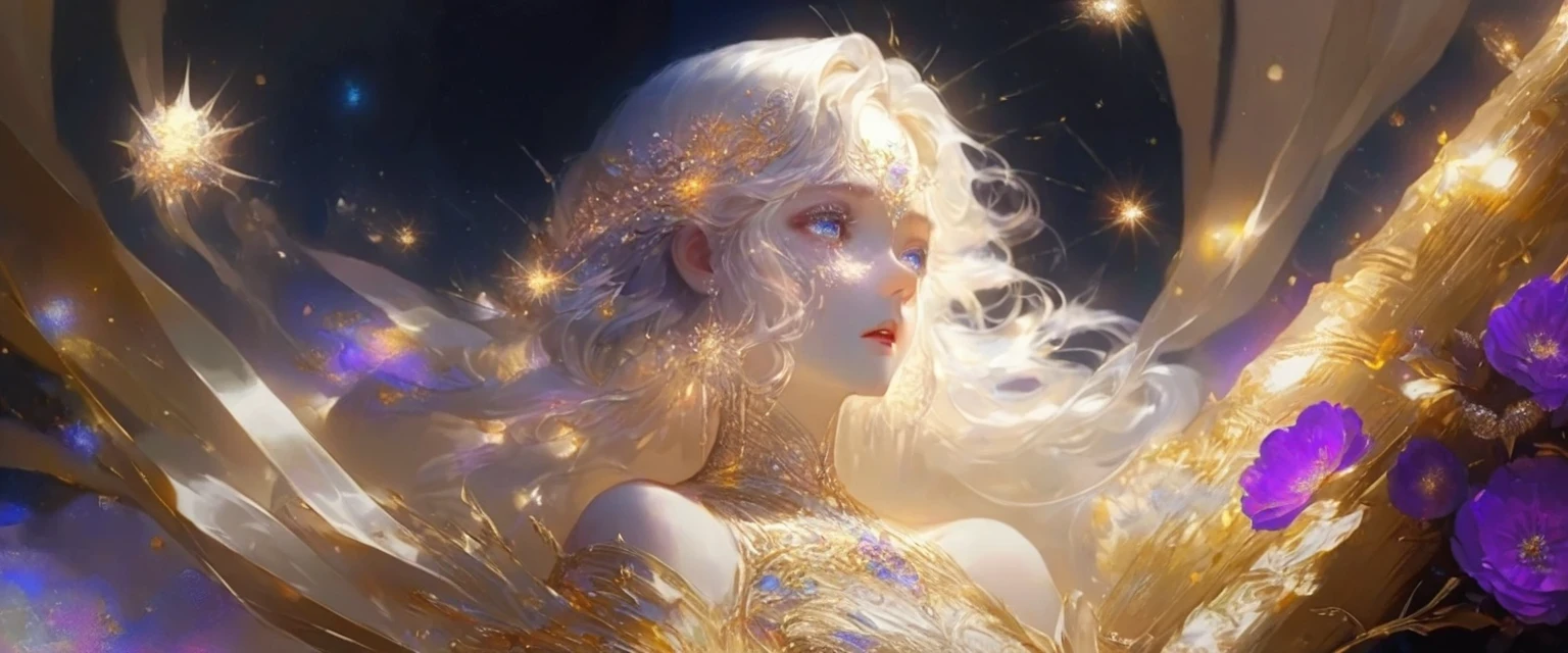 A girl standing alone under the starry night sky, with her silhouette illuminated by the soft moonlight and twinkling stars. Her face is beautifully detailed, with mesmerizing eyes that seem to reflect the universe itself, long and fluttering eyelashes, and exquisitely defined lips. She is dressed in an elegant gown, flowing and ethereal, embracing her figure gracefully as it glimmers with a subtle celestial glow. The intricate details of her dress catch the faint starlight, creating a mesmerizing sparkle. The surrounding landscape showcases a serene garden, lush with vibrant foliage and colorful flowers. The air is filled with a gentle breeze, causing the leaves to rustle and the flowers to sway delicately. The garden is bathed in a warm, dreamy color palette, with hues of deep blues, purples, and hints of silver. The atmosphere is calm and tranquil, evoking a sense of peace and serenity. The artwork is of the highest quality, meticulously created with ultra-detailed brushstrokes and precise attention to every element. The texture and depth of the painting are breathtaking, with a sense of realism and photorealism that captures the awe-inspiring beauty of the night sky. The lighting is soft and diffused, casting a gentle glow over the entire scene, enhancing the magical ambiance. The girl's presence radiates a sense of mystery and wonder, as if she holds a secret connected to the celestial beings above. The overall composition evokes a feeling of timelessness and captures the essence of a StarSign, an artwork that embodies the celestial beauty and inner strength of a girl in harmony with the stars.