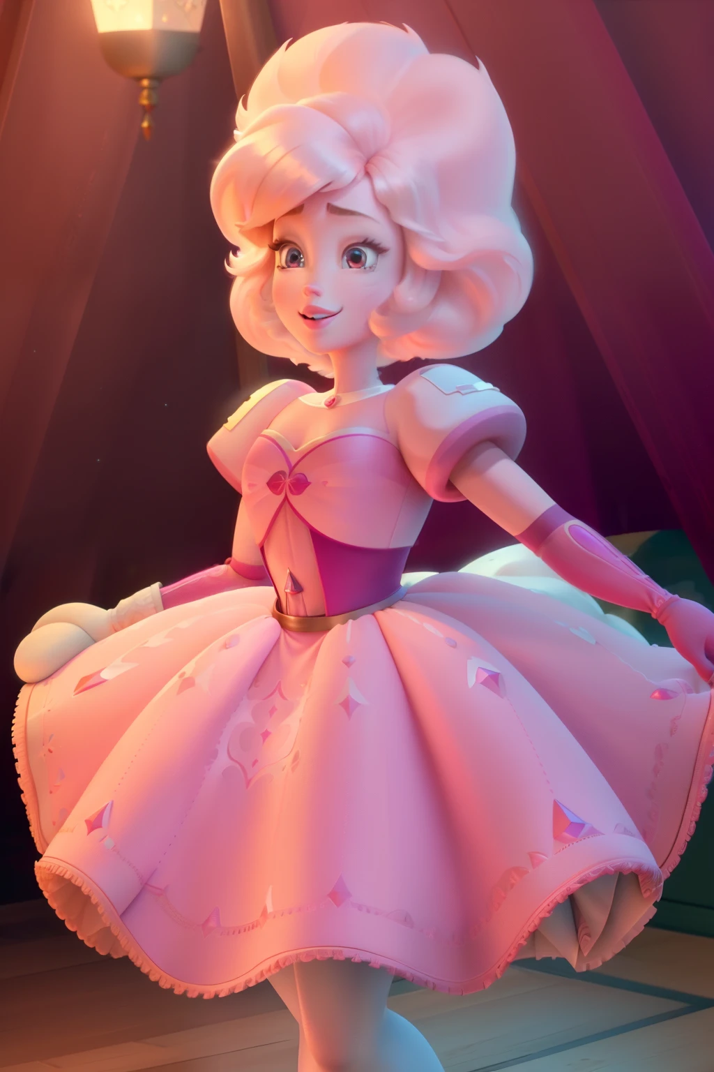 pnkdamond, pink hair, pink eyes,  big hair,  stomach gem,  pink skin,  toned, 
puffy short sleeves, elbow gloves ,  white thighhighs,   puffy dress, 
standing, upper body, 
 outerspace,  
(insanely detailed, beautiful detailed face,beautiful detailed eyes, masterpiece, best quality) cinematic lighting,  smile, 
 