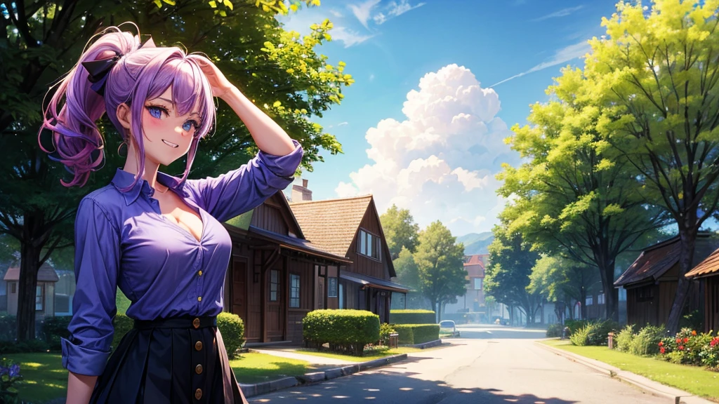 1girl, full body, solo, summer, village, trees, sun, clouds, ((colorful hair)), ponytail, large breasts, button down, blue eyes, ((purple shirt)), ((unbuttoned shirt)), unbuttoning buttons, popping buttons, ((short sleeved shirt)), black mini skirt, brown shoes, grin, looking at the viewer, standing, hair ribbon, cleavage, golden necklate