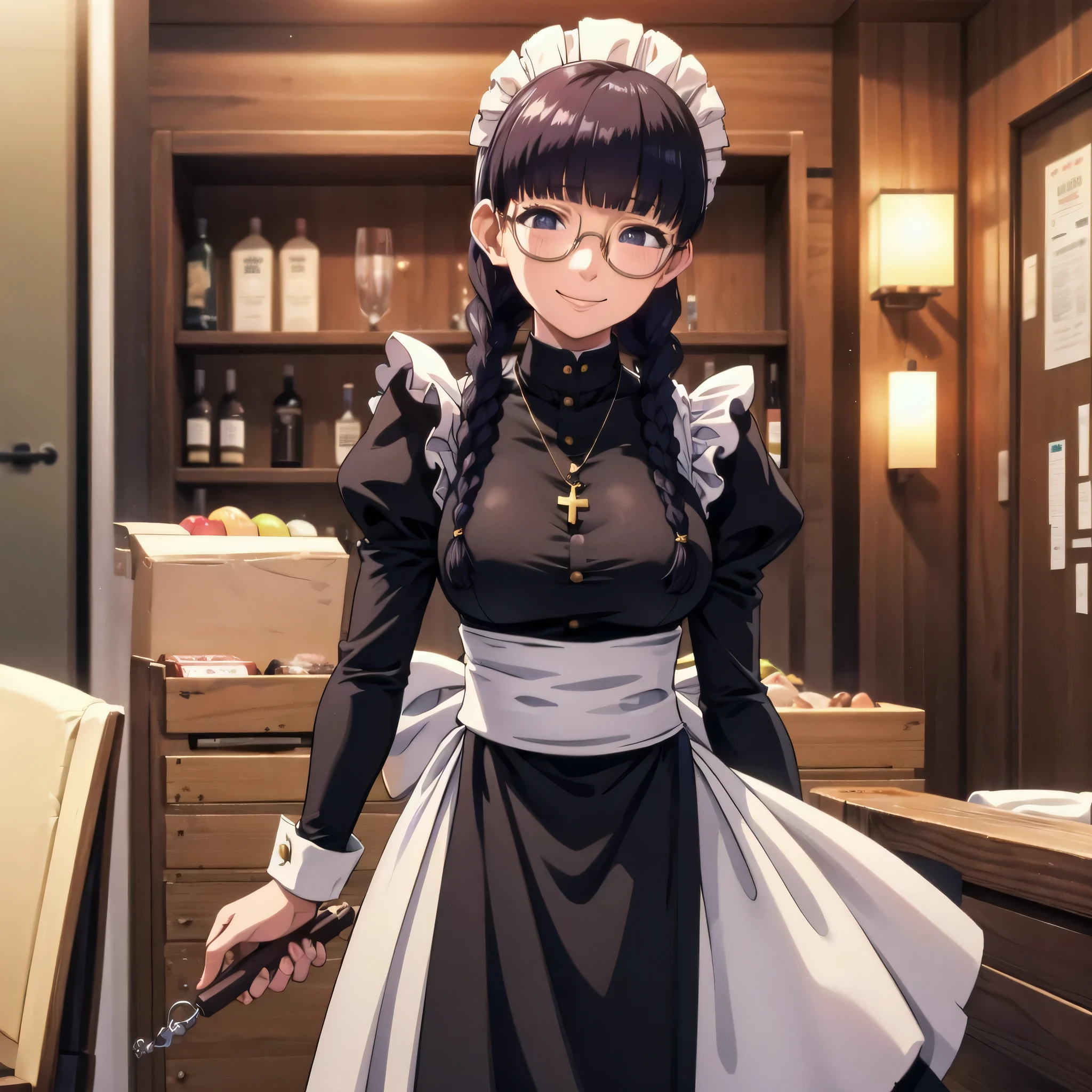 Roberta、Group、Twin braids、Glasses、gem、maid、Opaque Glasses、necklace、apron、Crosaid headdress、crossnecklace、long hair、long sleeve、bangs、Round Glasses、calf、black hair、one girl、solo、big breasts、smile
