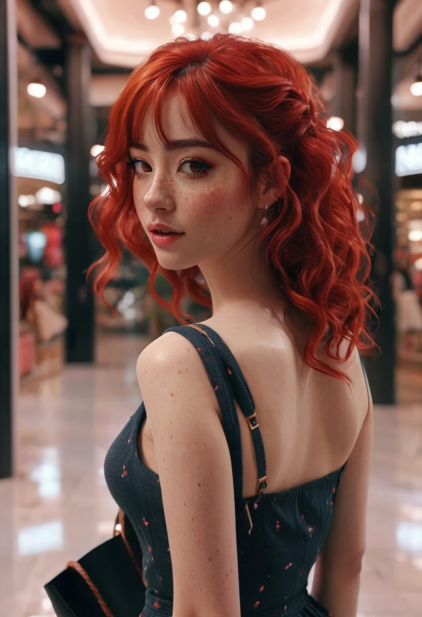 1 girl, full body back with details on the back walking in a shopping mall details, red hair fantasy very long very long slightly curly, vintage clothes lol jinx style, intricate details, stareye, blush, perfect lighting, fancy red hair, red eyes, unreal engine, side lighting, diamond type face full of freckles detailed, bangs, shiny skin, simple background, Dark background, well-centered photo in hyper realistic 8K closeup