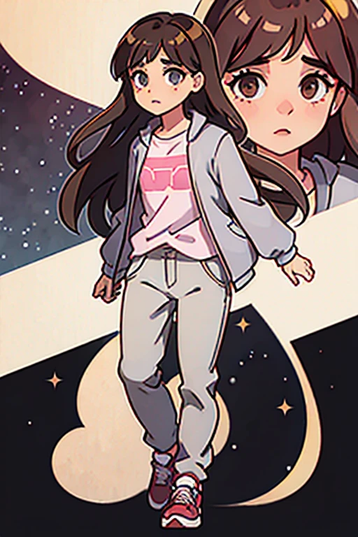 12 year old girl. long brown hair. brown eyes. wearing a gray shirt . wearing dark pink jacket. wearing pink sneakers. wearing grey pants. standing straight. arms at the side. facing forward.whole body can be seen. cosmic background.
