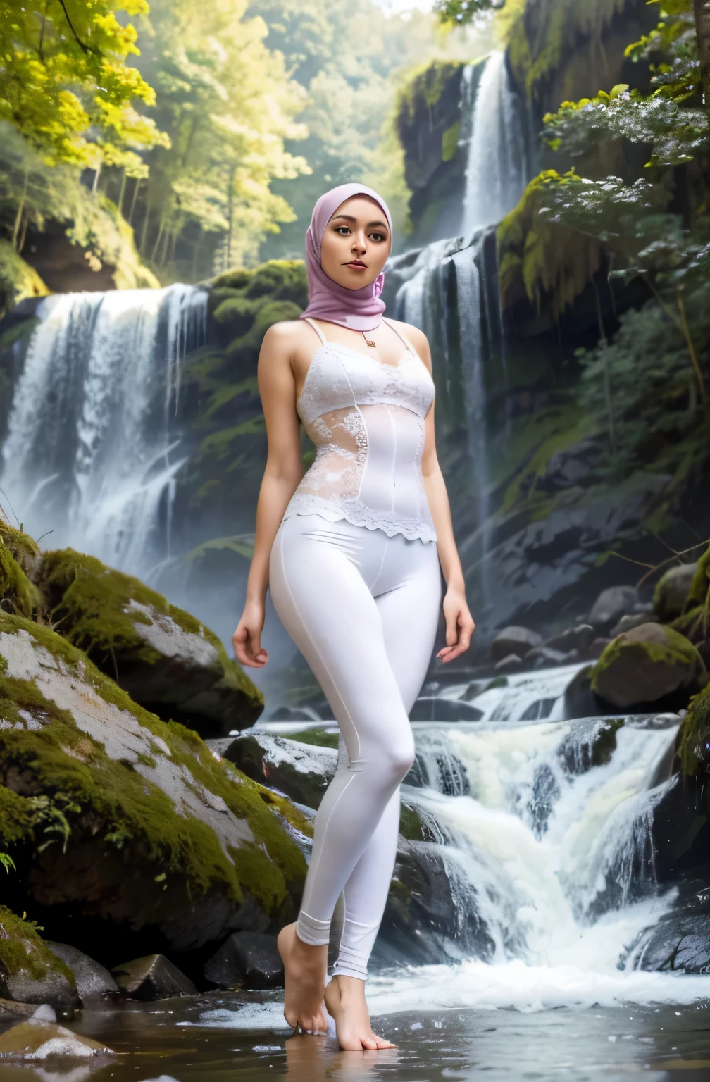 RAW, Best quality, high resolution, masterpiece: 1.4), beautiful malysia woman in hijab, 25 years old.Masterpiece, perfect slim fit body, (big breast gorgeous eyes, Soft smile, wear a light white lace singlet and very tight light white legging. necklace, shairband, freestyle pose, morning view at waterfall. forest. Excellent lighting, Bright colors, Clean lines