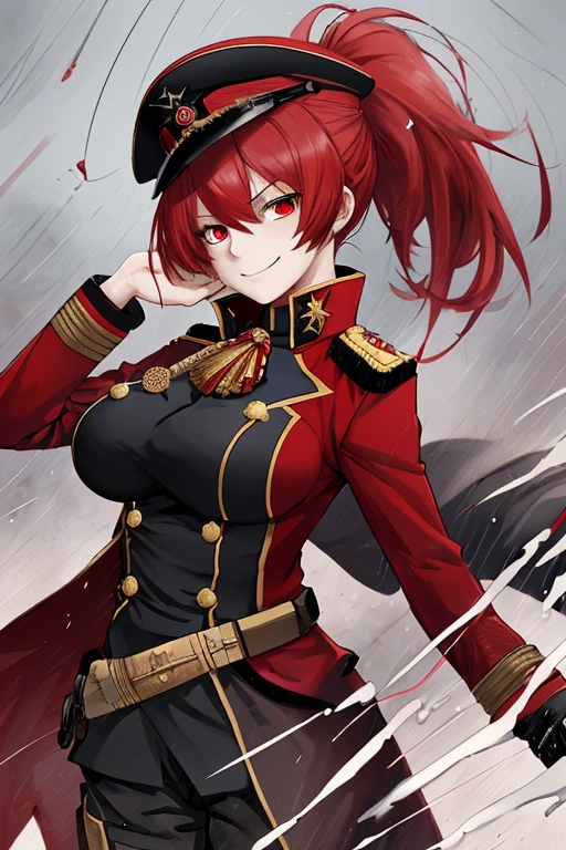 absurd solution, High resolution, (masterpiece:1.4), super detailed, Wearing World War II military uniforms, battlefield, bring the camera closer to your body,red eyes,長いRed hair,ponytail，absurd solution, High resolution, (masterpiece:1.4), super detailed, 1, Wearing German uniforms from World War II, battlefield,Serious pose, bring the camera closer to your body,red eyes,Red hair,military hat, closed uniform, body hidden by clothes,big breasts，long coat,fearless smile，It&#39;s raining