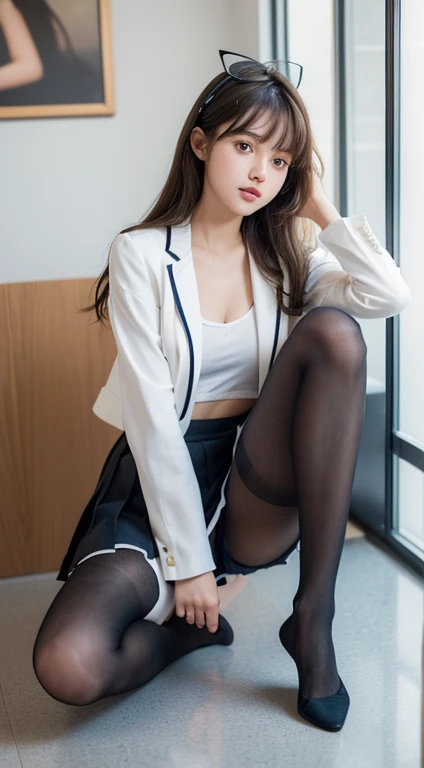 the best, masterpiece, HD, (whole body), frontal lobe, Symmetrical, mature high school, alone, (whole body from head to toe), small breasts, long hair, Hair a little messy, (black leggings), ( (black pantyhose), black pantyhose, composition Showing white panties, slender beautiful leg, a very pretty 17 year old girl (no shoes) leg), blush, shy big eyes, (short (brown hair)), (Hair with bangs, (hairpin), looking at camera, Showing white panties, White ruffled underwear, high school blazer, high school white shirt, blue ribbon high school, high with short plaid pattern and navy pleated skirt,sitting,翘起leg