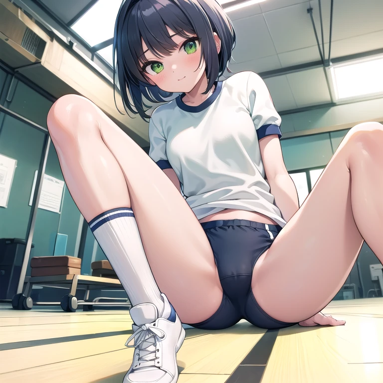 ((nero)), ahoge, blonde hair, (green eyes:1.5), hair ween eyes, hair intakes, (master piece, high quality)、anime girl sitting on a mat, しゃがむbeautifulアニメの女の子, anime girl squatting, anime moe art style, ((bloomers)), ((buruma)), thighs!!!, strongest pose, Smooth anime CG art, navy color buruma, (spread your legasterpiece)), ((最high quality)), (Super detailed), ((cute)), ((very detailed)), 最high quality, (beautiful), anime style, 1 girl, alone, Old school gym clothes(jp)