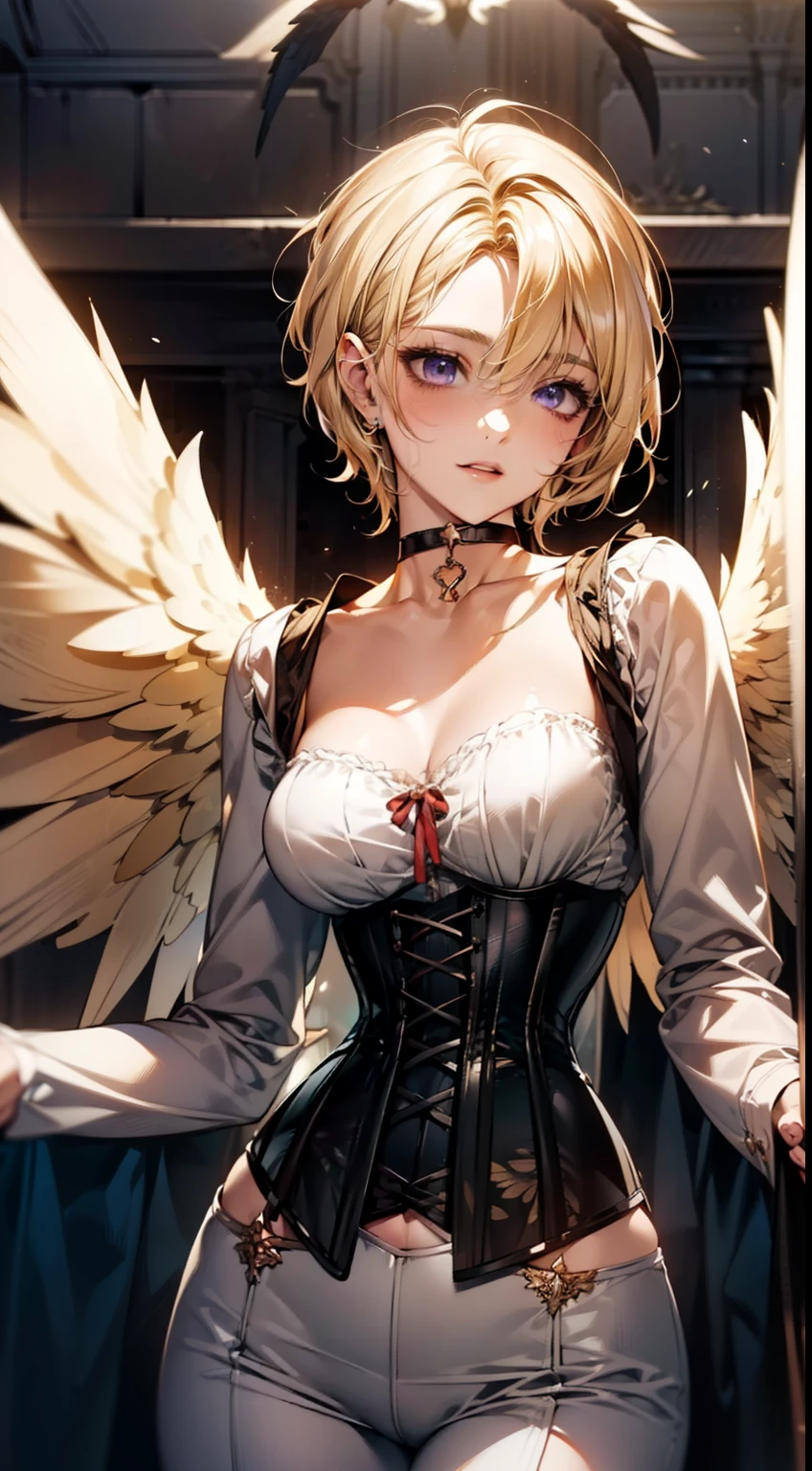 ((blonde short hair:1.8)), (shining purple eyes)beautiful, beautiful woman, perfect anatomy, perfect body, perfect breasts, ((angel with a pair of wings spread:1.8, white clothes, corset, choker:1.6)), forest:1.6, captivating gaze, slight smile, realism, masterpiece, rough skin , Super detailed, high detail, high quality, 最high quality, 1080p, 16k, (looking down on the audience:1.3)