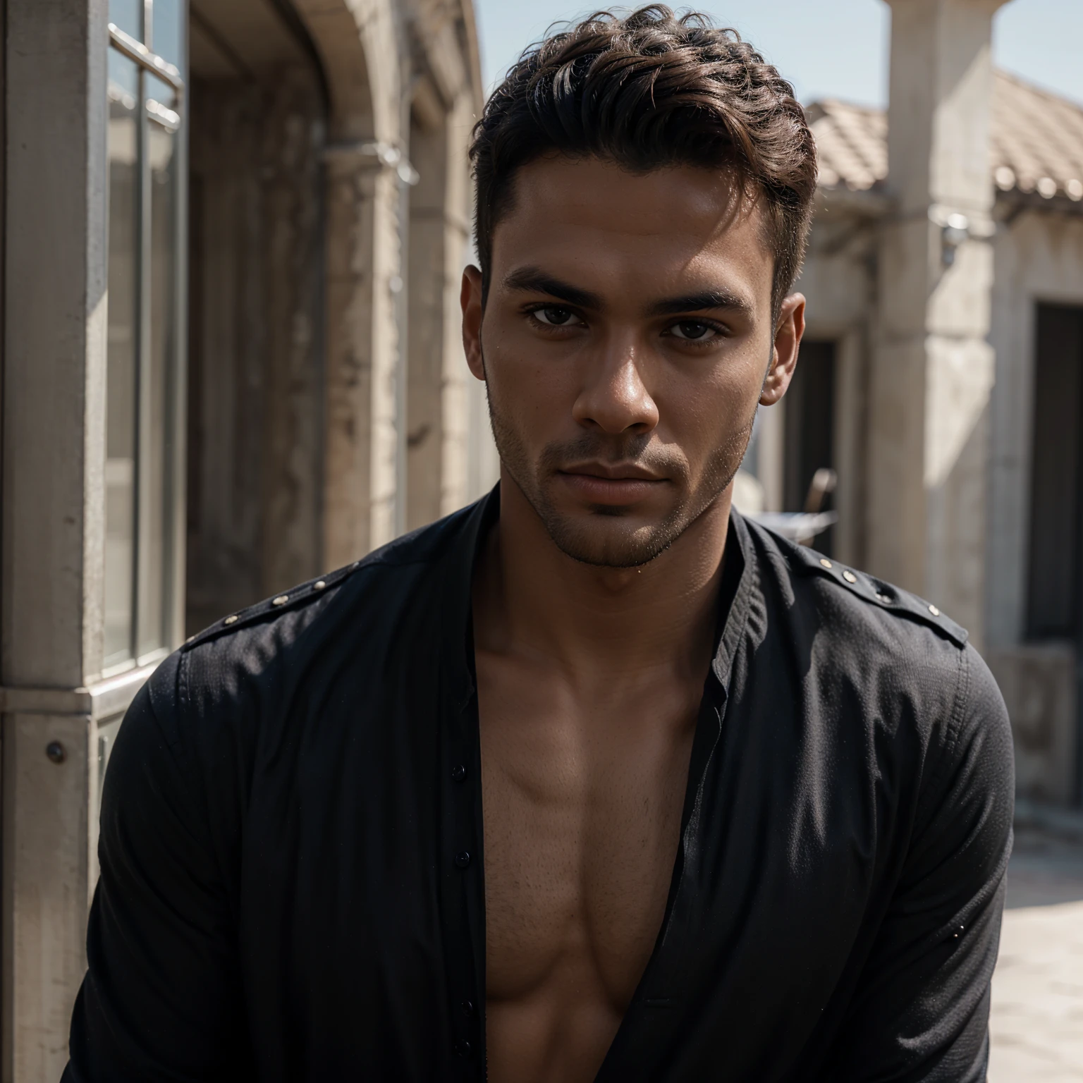Materpiece, best quality, ultra realistic. Face Portrait of the most handsome black strong young man., military hairstyle. Pose del modelo, centrado, centrarse en el chico, Hombre guapo, Looking at the camera, cinemactic, elegancia, sensualidad, open shirt. ultra realistic face. Face portrait.