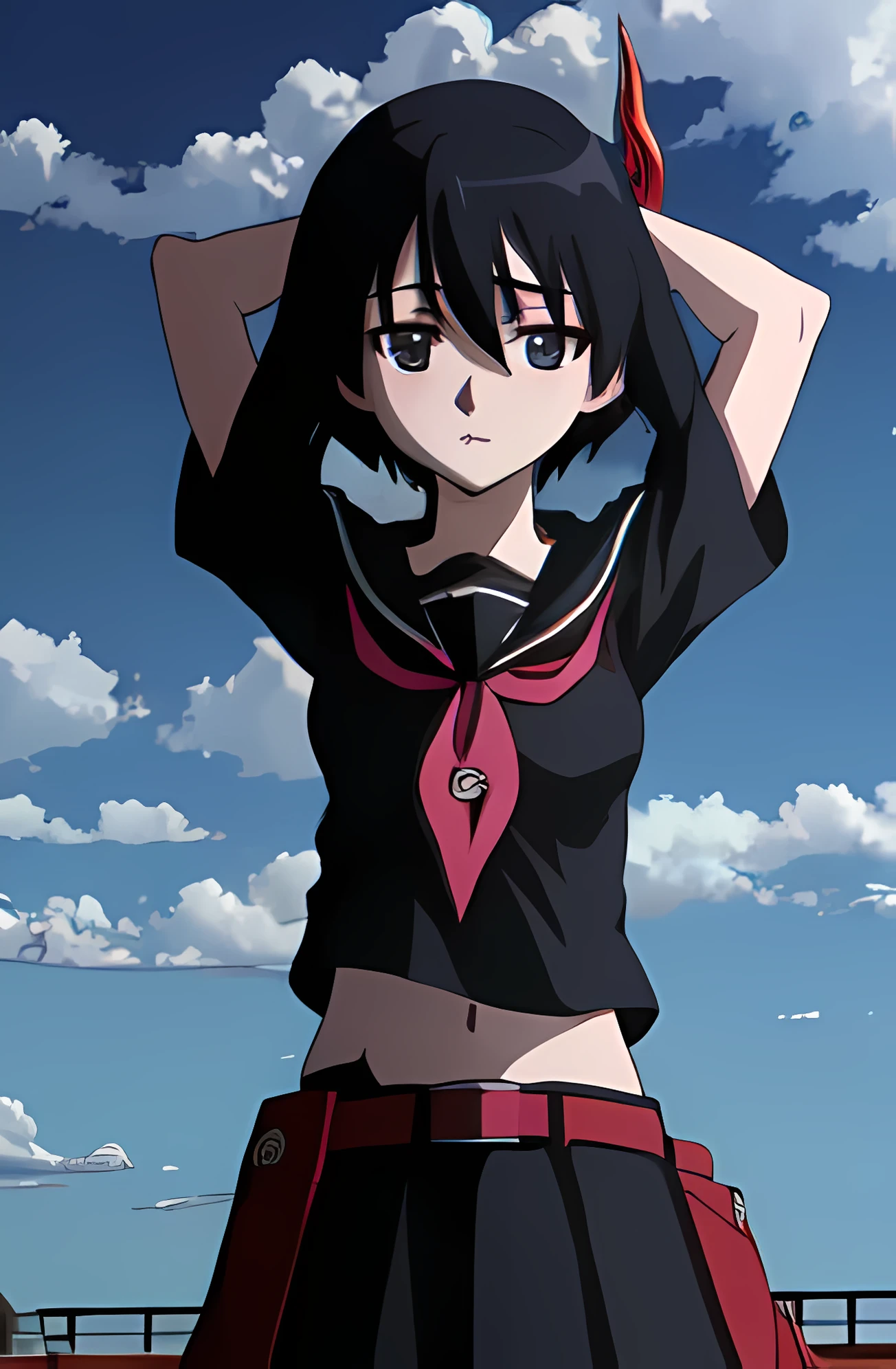 agkkurome, kurome, short hair, black hair, (black eyes:1.3), hair between eyes BREAK skirt, serafuku, belt, black serafuku, short sleeves, belt, black skirt, neckerchief, red neckerchief, blush, wind blown shirt, loose shirt BREAK outdoors, school, sky, clouds, sun, wind BREAK looking at viewer, (cowboy shot:1.3), arms up BREAK (masterpiece:1.2), best quality, high resolution, unity 8k wallpaper, (illustration:0.8), (beautiful detailed eyes:1.6), extremely detailed face, perfect lighting, extremely detailed CG, (perfect hands, perfect anatomy),