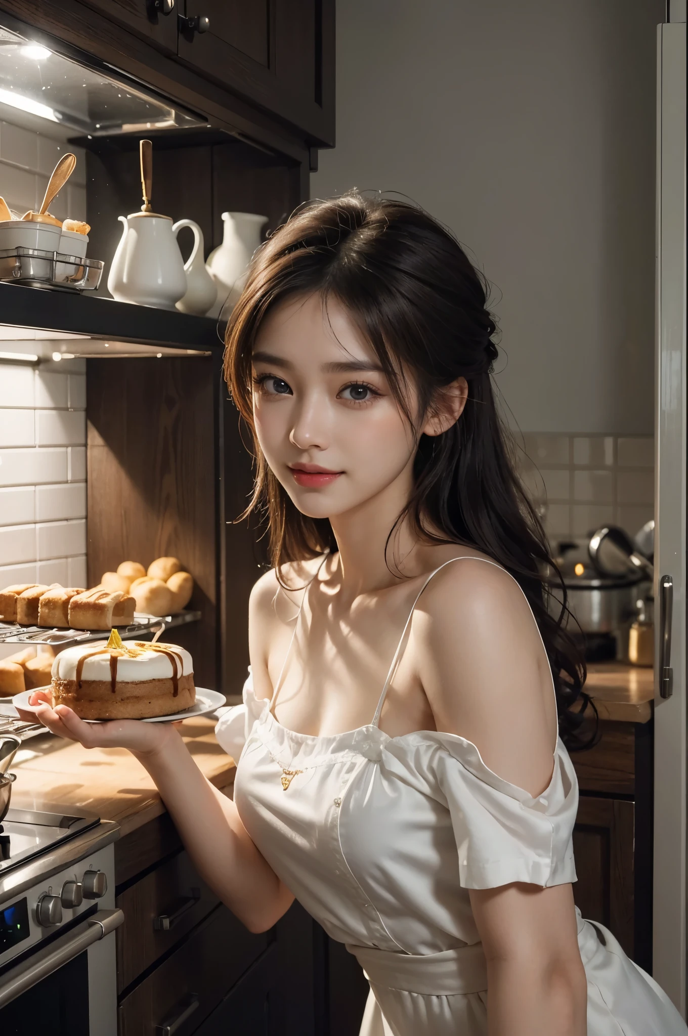 8k, masterpiece, RAW photo, best quality, photorealistic, extremely detailed CG unity 8k wallpaper, Depth of field, Cinematic Light, Lens Flare, Ray tracing, (extremely beautiful face, beautiful lips, beautiful eyes), intricate detail face, ((ultra detailed skin)) 1girl, ((Beautiful Silky satin Violet T-shirt )), ((Beautiful Silky satin Violet Above knee length skirt)), in the dark, deep shadow, pretty korean girl, kpop idol, 1 girl, (very slim slender fit-muscled body:1.3), ((looking at viewer)),(big smile:1.3), (fashion city night, dark night, (neon sign), (blurred background), fashion street night),(without people in the background:1.3), beautiful earrings, bracelets, necklace, pantyhose, clear eyes, (pale skin), (big eyes), face forward, ((upper body shot)), (looking at viewer:1.3) very slim, medium breasts, (Ultra-realistic, gazing at viewer), (hight resolution), (8K), (ighly detailed), (Brown hair, short-hair), (Show the navel), (Slim body)