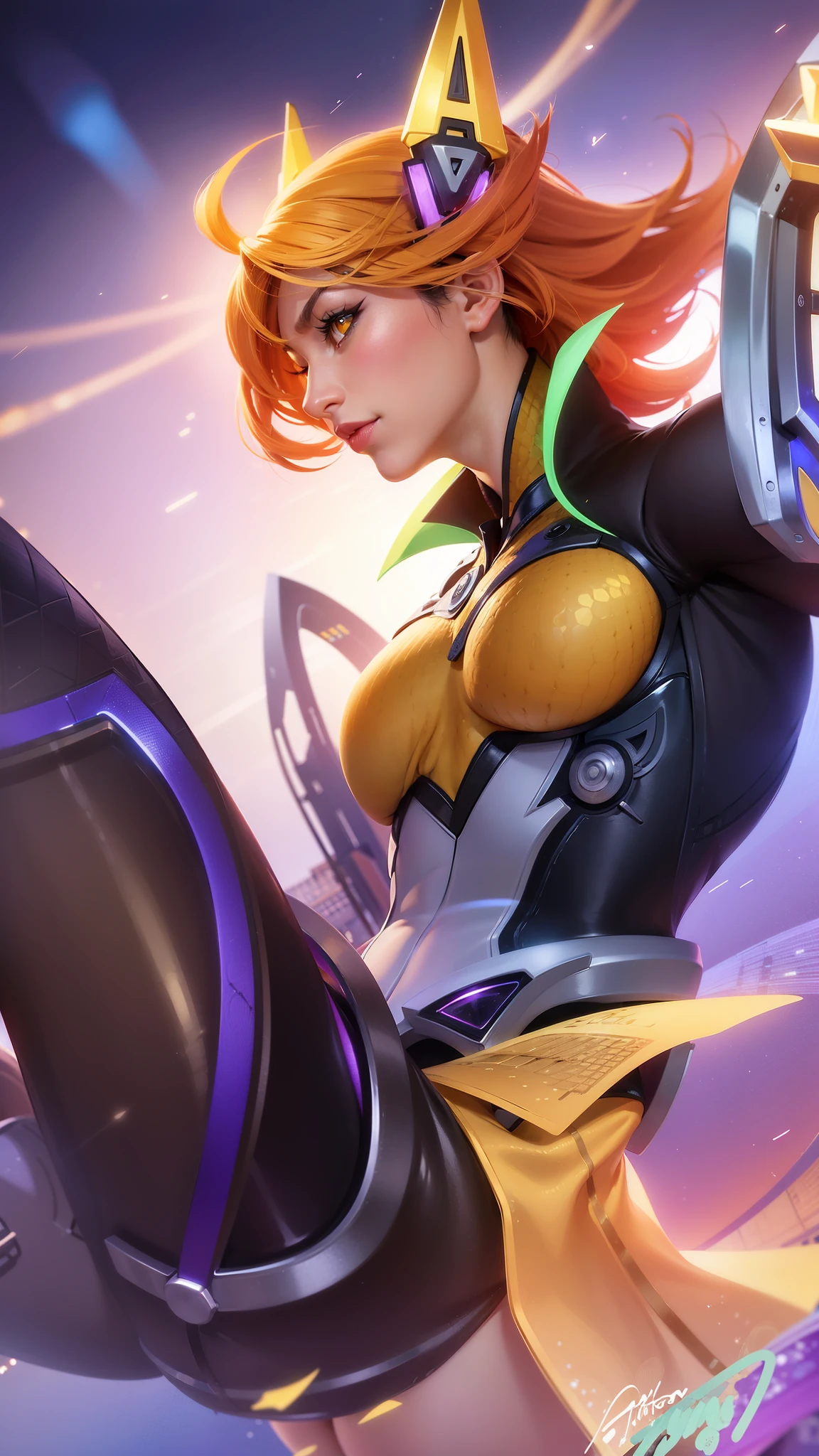 (female:1.2), 8k, ultra hd, ultra detailed texture, hyper realistic, masterpiece, detailed texture, detailed face, detailed skin, detailed lighting, (photorealistic:1.5), best quality, beautiful lighting, cinematic lighting, professional lighting, ultra highres, realistic, detailed hair, real hair, high quality, (realskin:1.5), extremely detailed, finely detail, ultra-detailed, 1girl, solo, floating, (yellow eyes:1.5), fire eyes, glowing eyes, black lips, v-shapped eyes, closed mouth, angry, colored skin, dark skin, purple skin, nose, pretty, beautiful, make up, evil smile, short hair, orange hair bangs, large breasts, thigh, pauldrons, black pants, belt, purple coat, mechanical wings, armor shoulder, gloves, eudora \(mobile legends\), depth of field, looking aways, skin tight, amazing pose, glowing electric, lighting, cinematic background