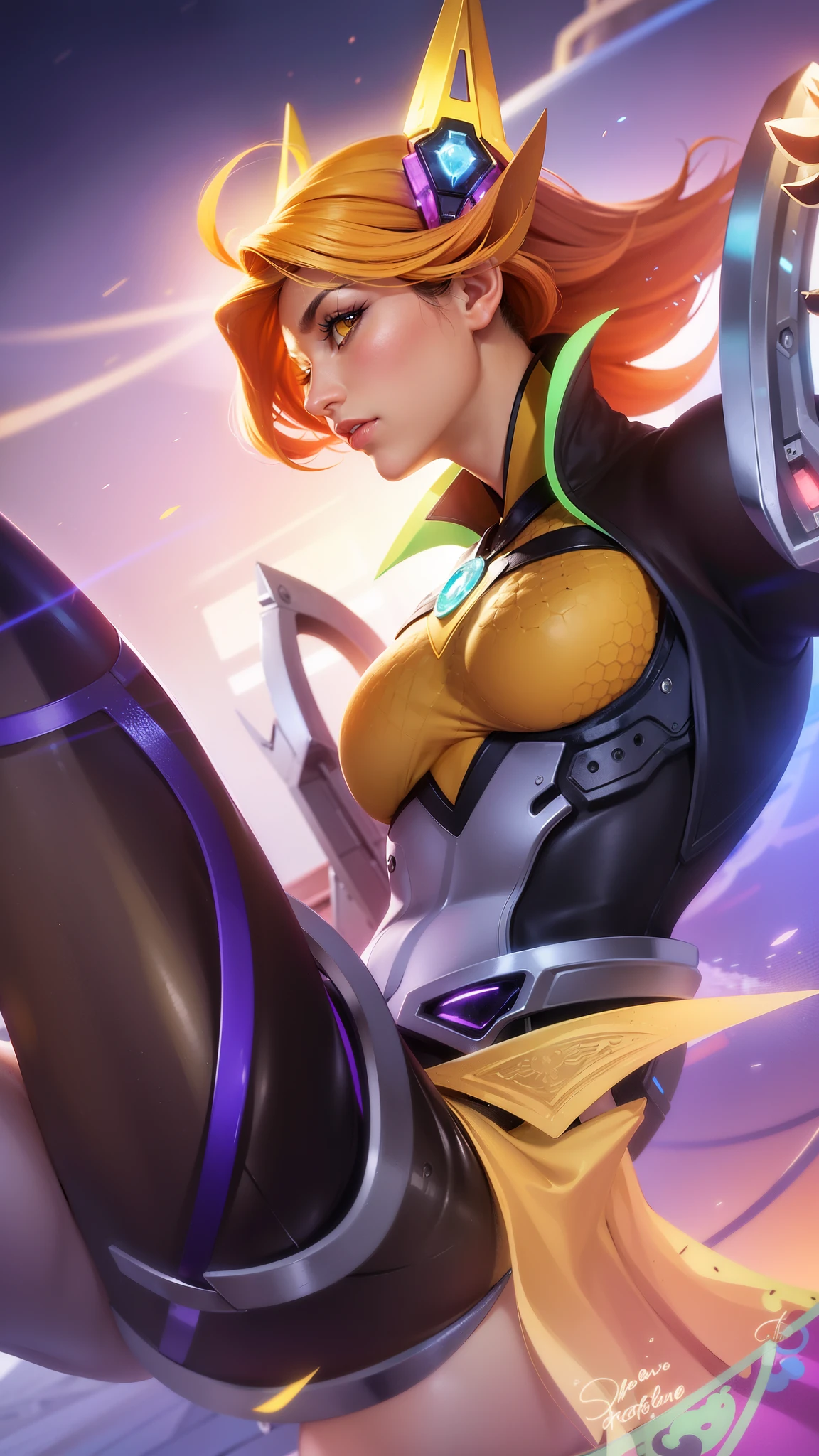 (female:1.2), 8k, ultra hd, ultra detailed texture, hyper realistic, masterpiece, detailed texture, detailed face, detailed skin, detailed lighting, (photorealistic:1.5), best quality, beautiful lighting, cinematic lighting, professional lighting, ultra highres, realistic, detailed hair, real hair, high quality, (realskin:1.5), extremely detailed, finely detail, ultra-detailed, 1girl, solo, floating, (yellow eyes:1.5), fire eyes, glowing eyes, black lips, v-shapped eyes, closed mouth, angry, colored skin, dark skin, purple skin, nose, pretty, beautiful, make up, evil smile, short hair, orange hair bangs, large breasts, thigh, pauldrons, black pants, belt, purple coat, mechanical wings, armor shoulder, gloves, eudora \(mobile legends\), depth of field, looking aways, skin tight, amazing pose, glowing electric, lighting, cinematic background