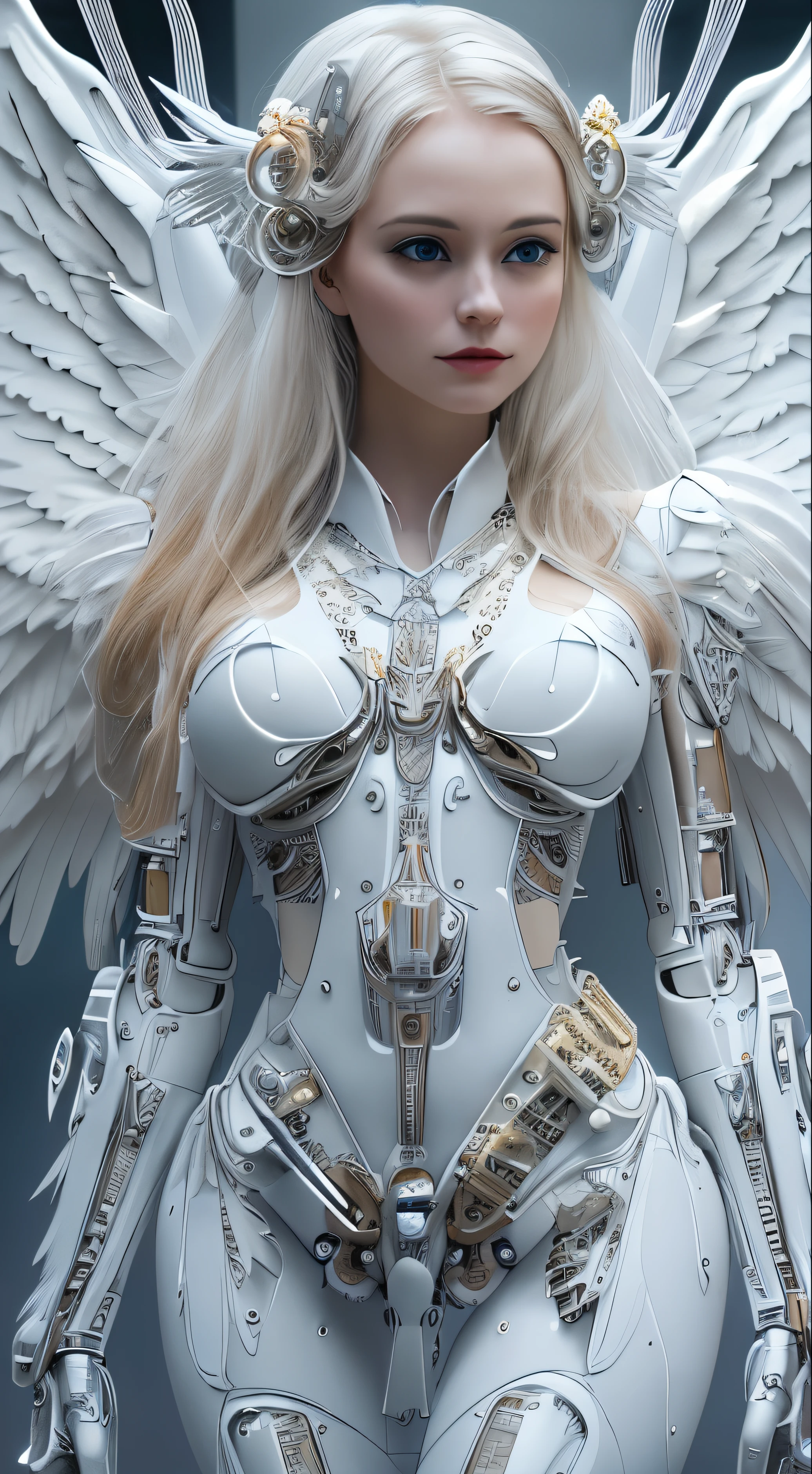 Close-up of a woman in a white dress with wings, full body angel, futuristic robot angel, amazing angel wings, angel knight gothic girl, angel in plastic armor, intricate costume designs, As a mysterious Valkyrie, Its whole body is made of white feathers,, futuristic and fantastic, white wings, beautiful angel wings, steampunk angel, beautiful cyborg angel girl, graceful wings
