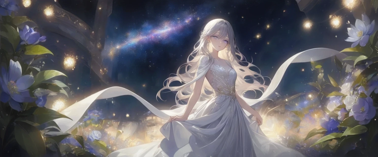 A girl standing alone under the starry night sky, with her silhouette illuminated by the soft moonlight and twinkling stars. Her face is beautifully detailed, with mesmerizing eyes that seem to reflect the universe itself, long and fluttering eyelashes, and exquisitely defined lips. She is dressed in an elegant gown, flowing and ethereal, embracing her figure gracefully as it glimmers with a subtle celestial glow. The intricate details of her dress catch the faint starlight, creating a mesmerizing sparkle. The surrounding landscape showcases a serene garden, lush with vibrant foliage and colorful flowers. The air is filled with a gentle breeze, causing the leaves to rustle and the flowers to sway delicately. The garden is bathed in a warm, dreamy color palette, with hues of deep blues, purples, and hints of silver. The atmosphere is calm and tranquil, evoking a sense of peace and serenity. The artwork is of the highest quality, meticulously created with ultra-detailed brushstrokes and precise attention to every element. The texture and depth of the painting are breathtaking, with a sense of realism and photorealism that captures the awe-inspiring beauty of the night sky. The lighting is soft and diffused, casting a gentle glow over the entire scene, enhancing the magical ambiance. The girl's presence radiates a sense of mystery and wonder, as if she holds a secret connected to the celestial beings above. The overall composition evokes a feeling of timelessness and captures the essence of a StarSign, an artwork that embodies the celestial beauty and inner strength of a girl in harmony with the stars.