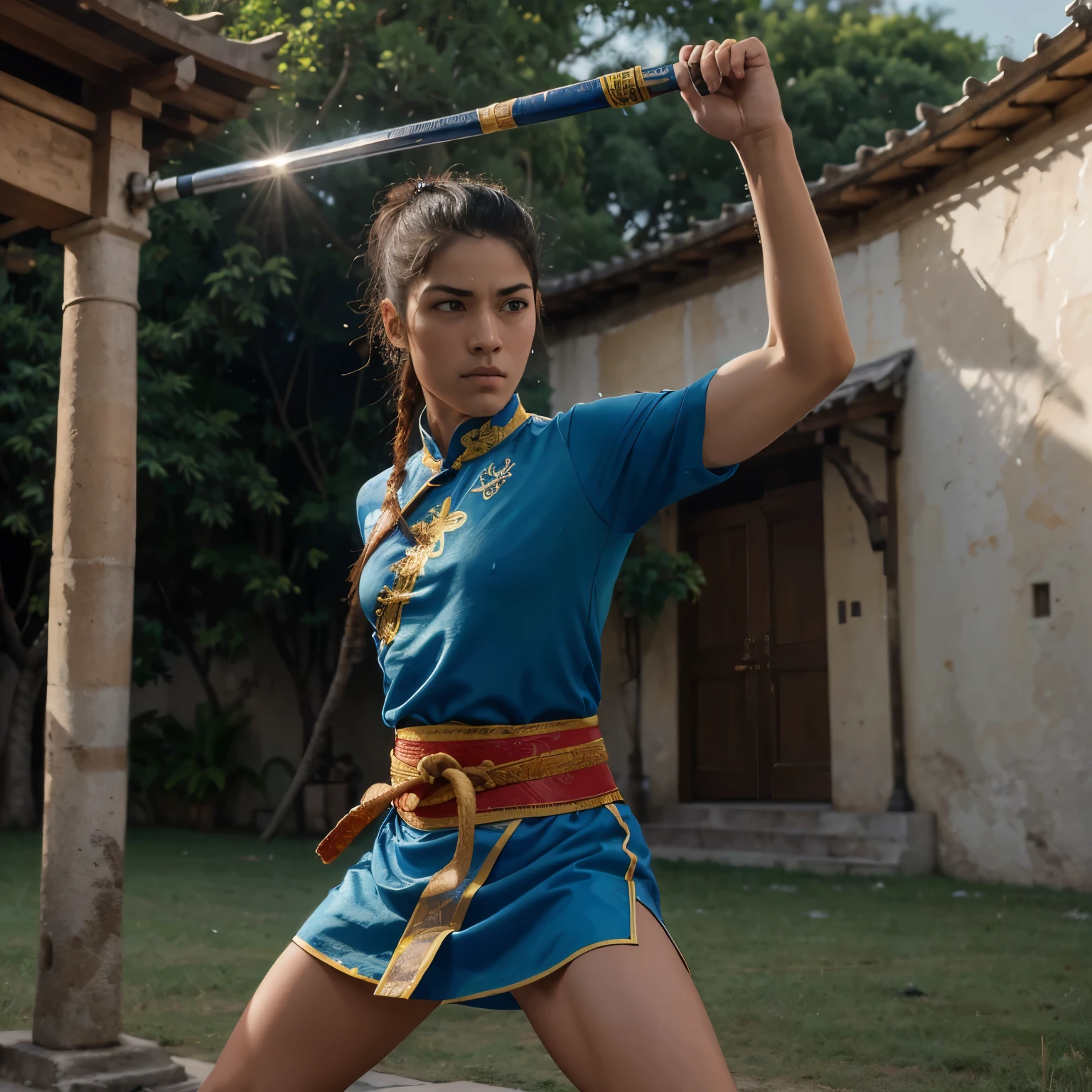 Mejor calidad, obra maestra, high resolution, vestido de wushu, kungfu azul con la bandera de venezuela ,rotro hermoso , pelo crespo hermoso con una espada de wushu ,paisaje venezolano con una asombrosa espada