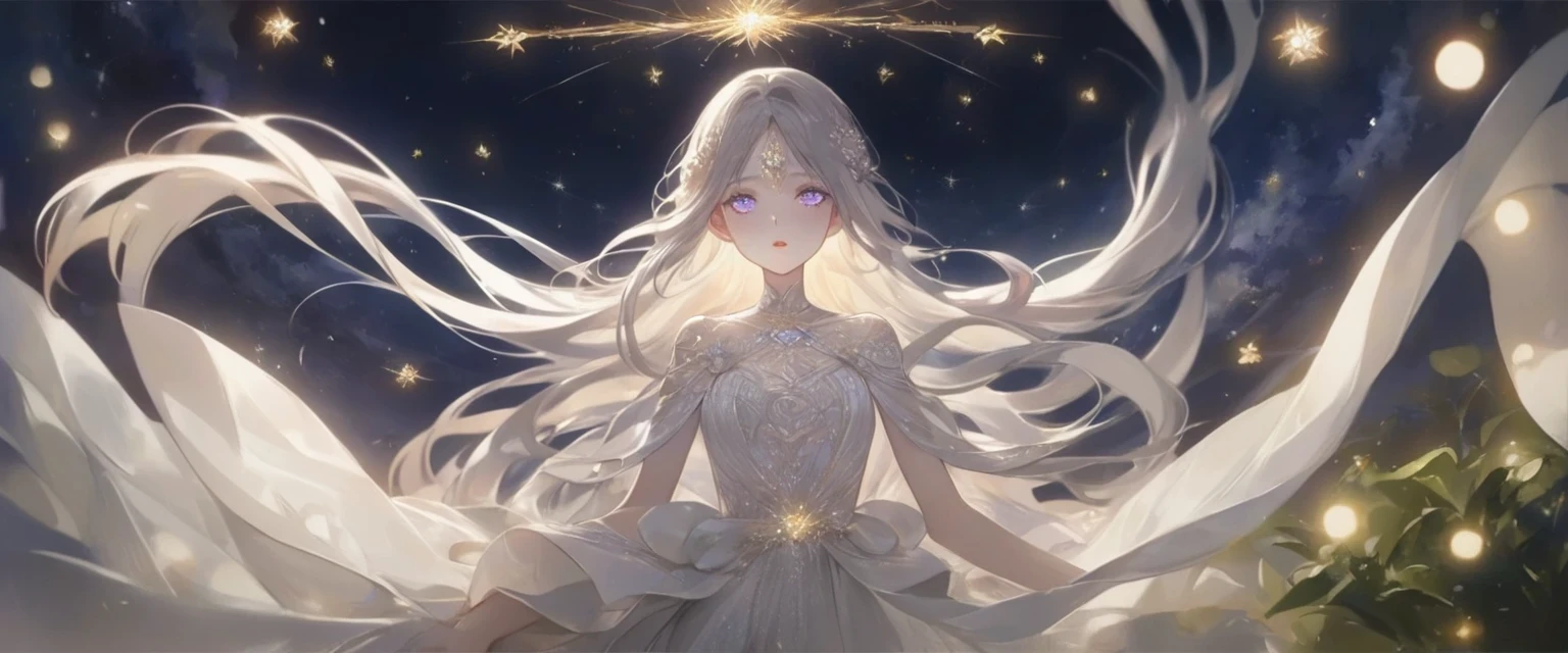 A girl standing alone under the starry night sky, with her silhouette illuminated by the soft moonlight and twinkling stars. Her face is beautifully detailed, with mesmerizing eyes that seem to reflect the universe itself, long and fluttering eyelashes, and exquisitely defined lips. She is dressed in an elegant gown, flowing and ethereal, embracing her figure gracefully as it glimmers with a subtle celestial glow. The intricate details of her dress catch the faint starlight, creating a mesmerizing sparkle. The surrounding landscape showcases a serene garden, lush with vibrant foliage and colorful flowers. The air is filled with a gentle breeze, causing the leaves to rustle and the flowers to sway delicately. The garden is bathed in a warm, dreamy color palette, with hues of deep blues, purples, and hints of silver. The atmosphere is calm and tranquil, evoking a sense of peace and serenity. The artwork is of the highest quality, meticulously created with ultra-detailed brushstrokes and precise attention to every element. The texture and depth of the painting are breathtaking, with a sense of realism and photorealism that captures the awe-inspiring beauty of the night sky. The lighting is soft and diffused, casting a gentle glow over the entire scene, enhancing the magical ambiance. The girl's presence radiates a sense of mystery and wonder, as if she holds a secret connected to the celestial beings above. The overall composition evokes a feeling of timelessness and captures the essence of a StarSign, an artwork that embodies the celestial beauty and inner strength of a girl in harmony with the stars.