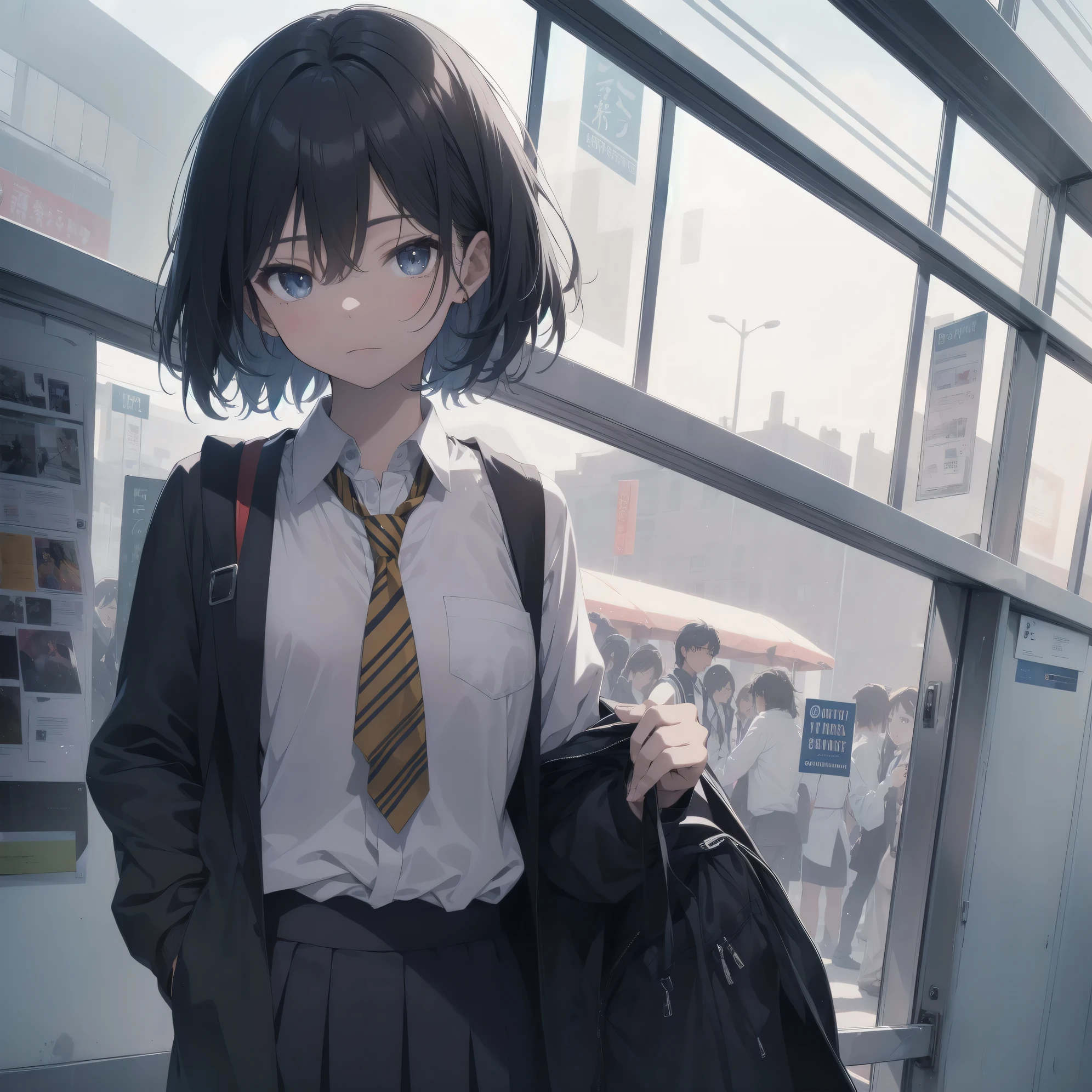 ultra-absurdres-Top quality by artist God, ultra-detailed, high resolution, anime moe artstyle, best anime 8k konachan wallpaper, pixiv contest winner, perfect anatomy,break, 1girl, (Please draw a girl walking sleepily to school alone. )break,(Solo,little female, -yeld:1.Full limbs, complete fingers,a junior hiiveness of immature bodies, (very short hair), short cut, flat chest, , small butt, small black eyes, beautiful detailed eyes, well-proportioned iris and pupils, expressive eyes, highres detailed hair, soft expression, school_uniform, white shirt, pleated skirt,(Detailed Lighting), (Detailed background), in the School commute route. break,super detailed skin, Best cinematic lighting powered by famous artist, 8k,beauty illustration,photoshop_(medium),very aesthetic,break,((artist:fujiyama )), artist:akinashi yuu ,artist:oyari ashito ,artist:kantoku ,