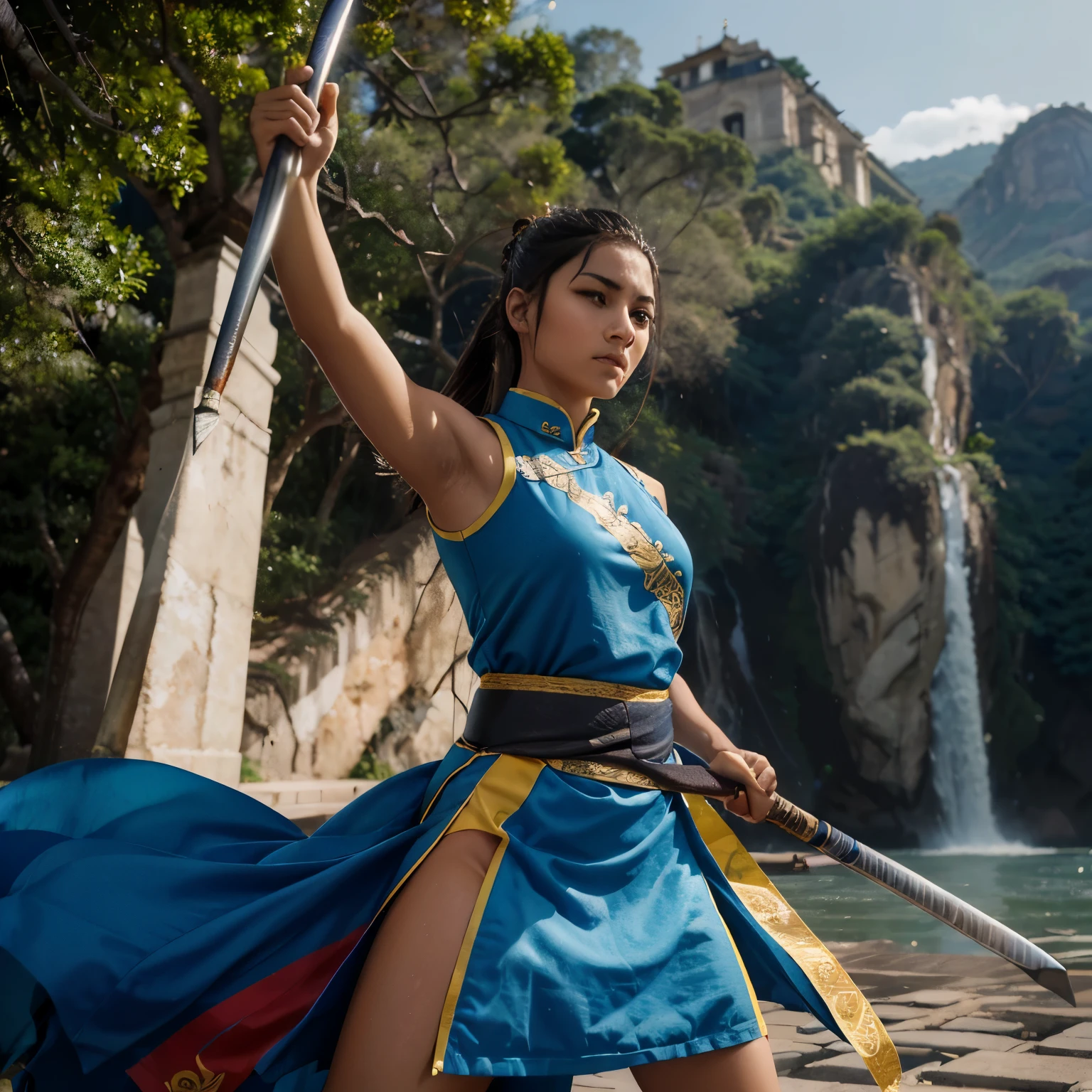 Mejor calidad, obra maestra, high resolution, vestido de wushu, kungfu azul con la bandera de venezuela ,rotro hermoso , pelo crespo hermoso con una espada de wushu  ,paisaje venezolano con una asombrosa espada