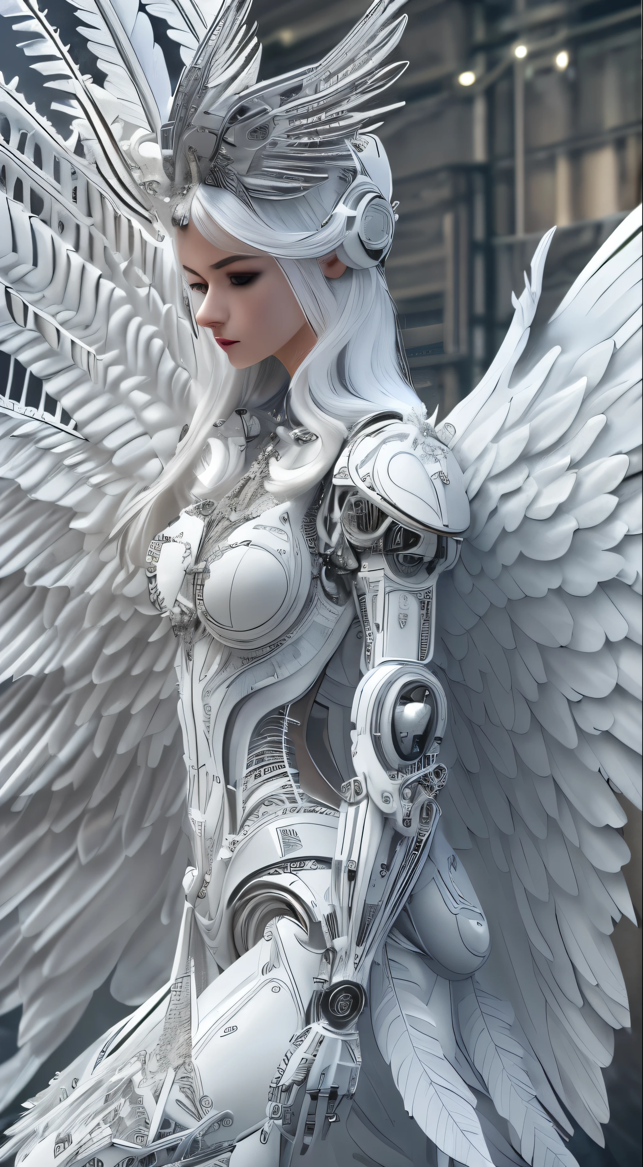 Close-up of a woman in a white dress with wings, full body angel, futuristic robot angel, amazing angel wings, angel knight gothic girl, angel in plastic armor, intricate costume designs, As a mysterious Valkyrie, Its whole body is made of white feathers,, futuristic and fantastic, white wings, beautiful angel wings, steampunk angel, beautiful cyborg angel girl, graceful wings