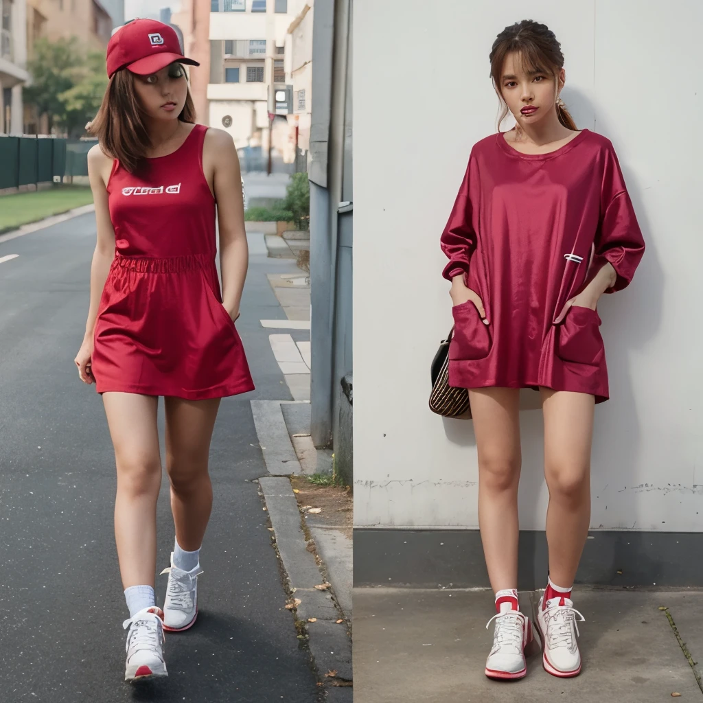 a woman wearing long baggy silky jeans and red trainers. pockets. baseball trainers. K-pop hip hop 1980s.shift dress, short skater dress, Upscale fashion design