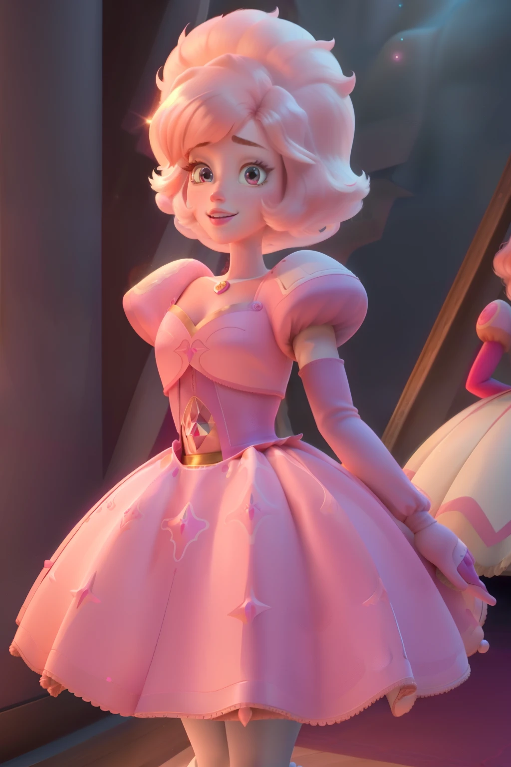 pnkdamond, pink hair, pink eyes, big hair, stomach gem, pink skin, toned,
puffy short sleeves, elbow gloves , white thighhighs, puffy dress,
standing, upper body,
outerspace,
(insanely detailed, beautiful detailed face,beautiful detailed eyes, masterpiece, best quality) cinematic lighting, smile,