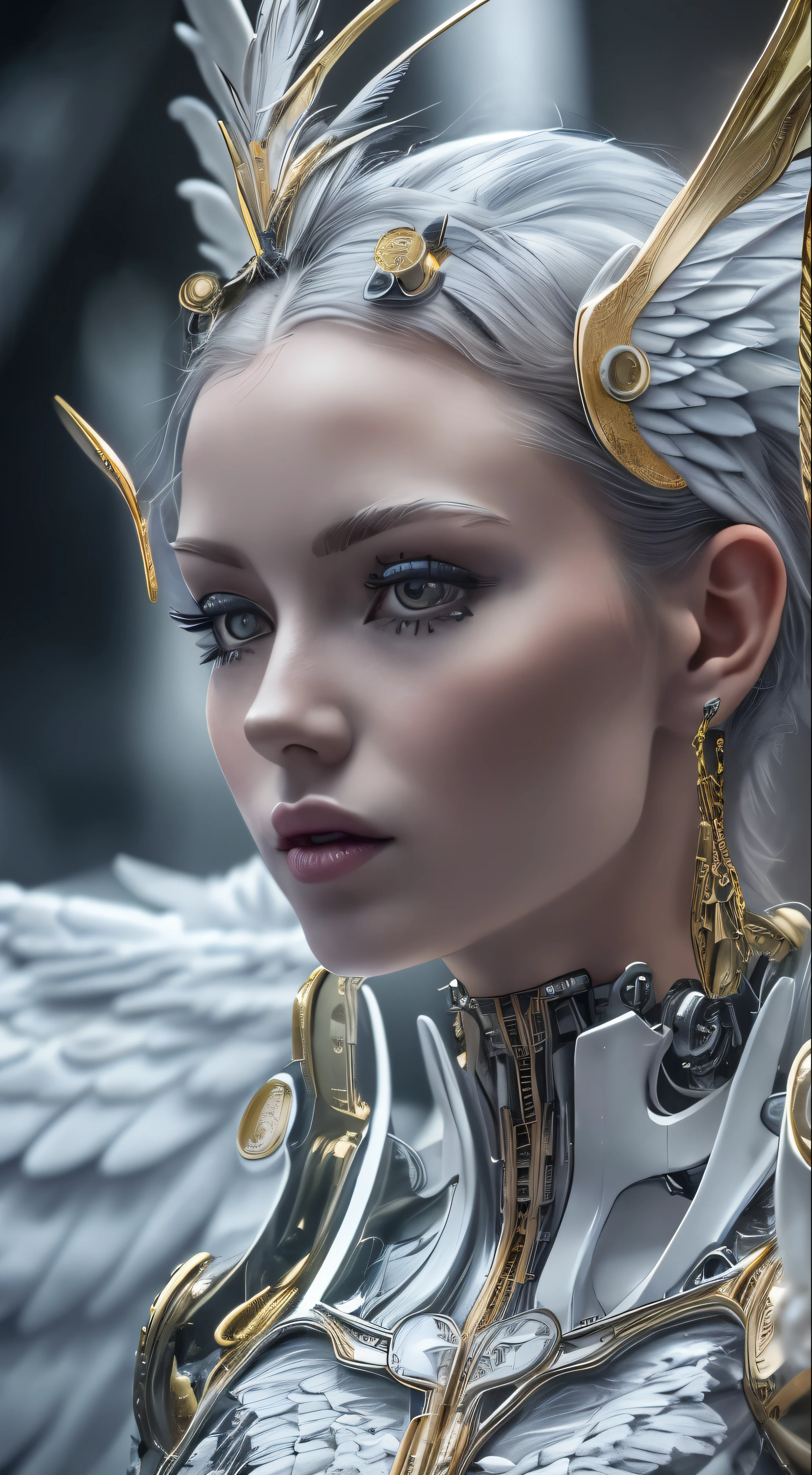 Close-up of a woman in a white dress with wings, full body angel, futuristic robot angel, amazing angel wings, angel knight gothic girl, angel in plastic armor, intricate costume designs, As a mysterious Valkyrie, Its whole body is made of white feathers,, futuristic and fantastic, white wings, beautiful angel wings, steampunk angel, beautiful cyborg angel girl, graceful wings