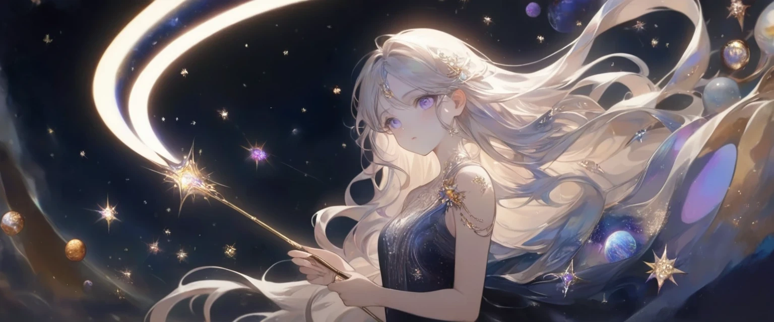 A girl with a mesmerizing stare, her eyes filled with shimmering galaxies. She stands tall under a midnight sky, surrounded by twinkling stars. Her long flowing hair cascades down her back like a waterfall of stardust. The girl wears an elegant gown that reflects the colors of the universe, with intricate patterns of constellations and planets. She holds a wand made of pure starlight, emitting a soft, ethereal glow. The girl exudes confidence and grace, as if she possesses the power of the cosmos. The artwork is a masterpiece, meticulously crafted with attention to every detail. The colors are vibrant and vivid, contrasting against the darkness of space. The lighting is perfectly balanced, casting a soft glow on the girl's face and illuminating the intricate details of her surroundings. The image is ultra-detailed, capturing every delicate brushstroke and creating a sense of realism. The overall art style is a mix of fantasy and realism, with a touch of surrealism. The color palette is filled with deep blues, purples, and hints of gold, creating a dreamlike atmosphere. The girl's expression is serene and enigmatic, leaving the viewer captivated and intrigued. This prompt ensures the creation of a high-quality, exquisite artwork depicting a captivating girl under the mystical beauty of the stars.