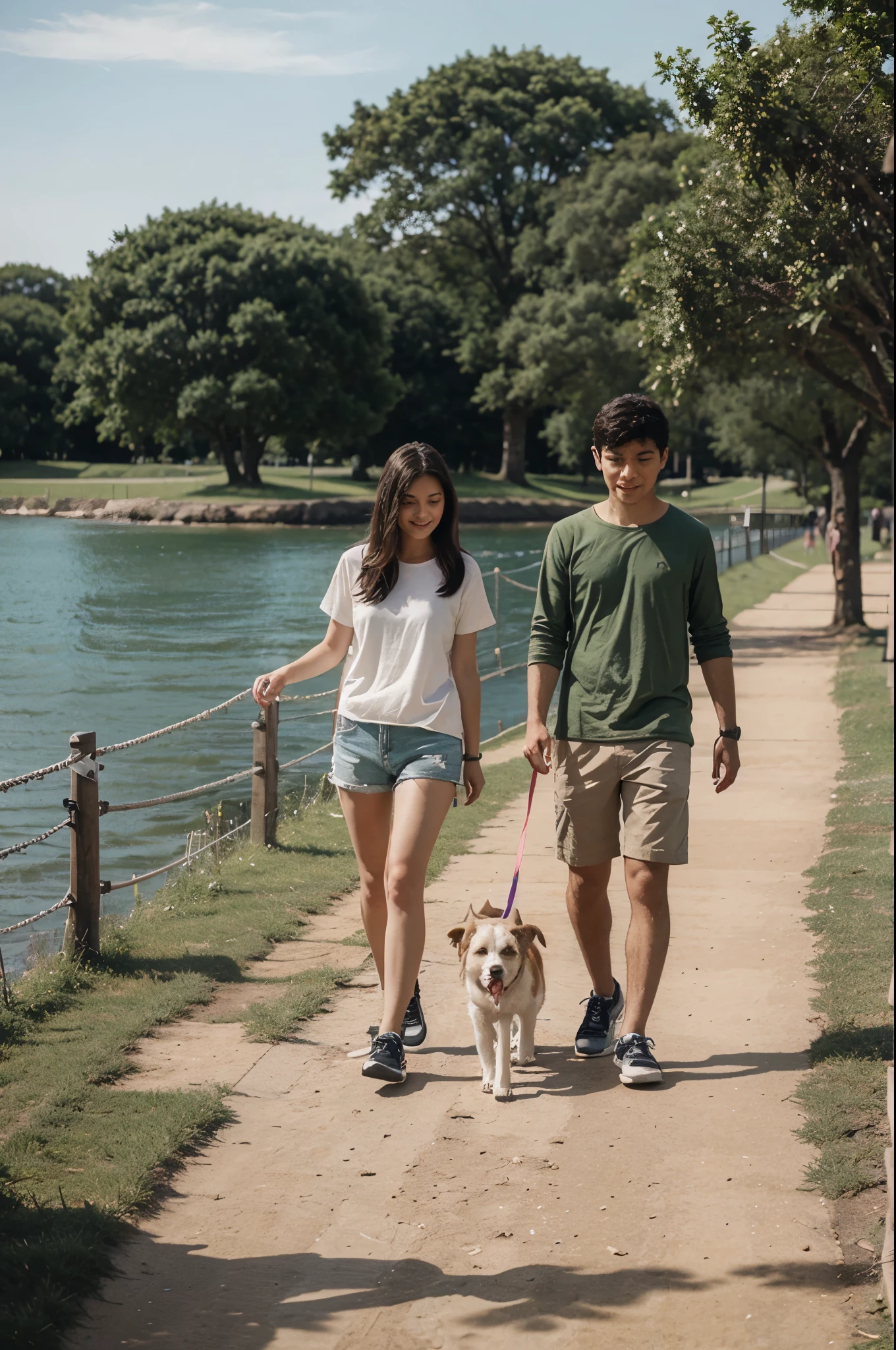 A girl and a boy walk their dogs in a green park by the sea