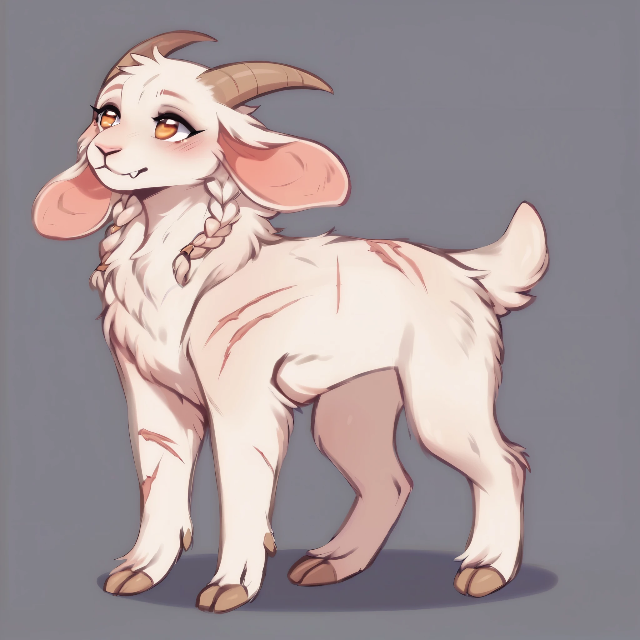score_9, score_8_up, score_7_up, score_6_up, score_5_up, score_4_up, show accurate, full body, hungry body, simple background, feral goat, female goat, white fur, albino fur, single color fur, teenage goat, adorable face, goat horns, goat pupil, golden eyes, tender look, loving look, mane covering the neck, small braids in her hair and mane, standing on all fours, many scars all body, long scars, scars on the face,