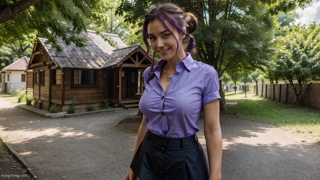 1girl, full body, solo, summer, village, trees, sun, clouds, ((colorful hair)), ponytail, large breasts, button down, blue eyes, ((purple shirt)), ((unbuttoned shirt)), unbuttoning buttons, popping buttons, ((short sleeved shirt)), black mini skirt, brown shoes, grin, looking at the viewer, standing, hair ribbon, cleavage, golden necklate