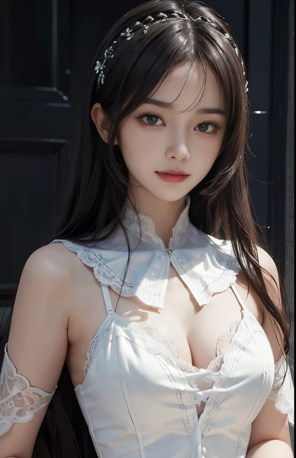 (surreal), (shape), (Improved resolution), (8K), (very detailed), (Best shape), (beautiful and detailed eyes), (highest quality), (Super detailed), (masterpiece ), ( wallpaper), (detailed face), 1 girl, 17 years old, white shawl,  Lace chest,  big breasts, looking at the viewer, small details, detailed face, in the dark, deep shadow, secret key, Pure erotic face ace_V1, smile, long hair, black straight hair , 46 point diagonal bangs