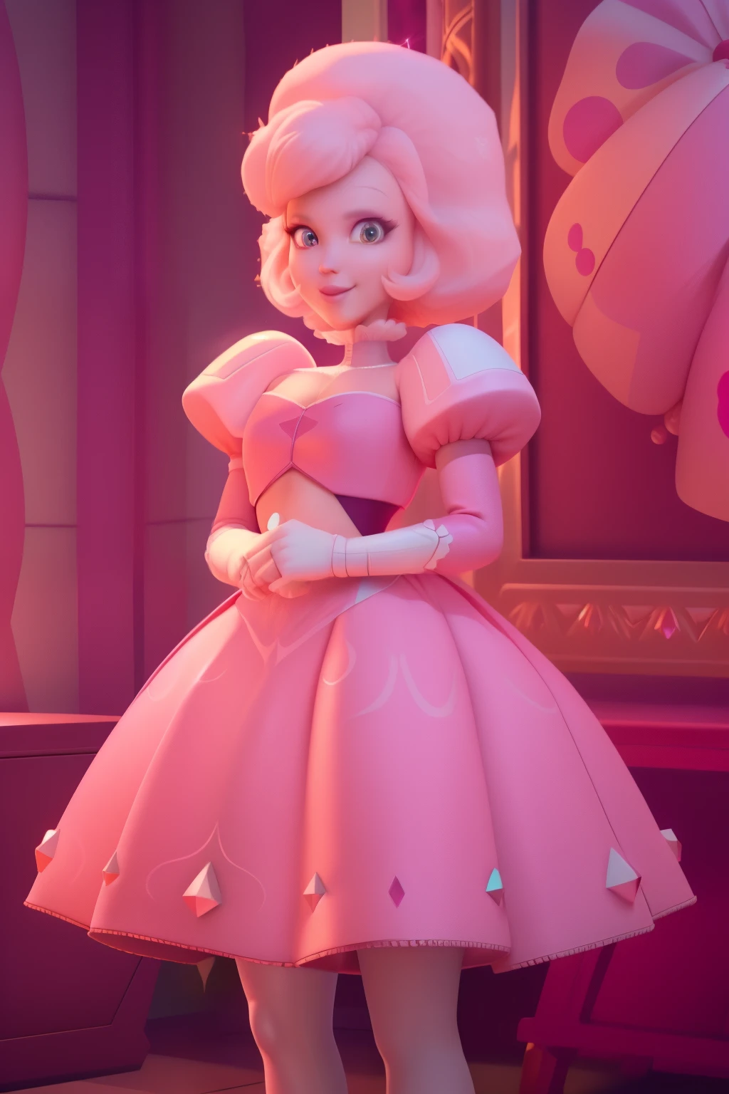 pnkdamond, pink hair, pink eyes,  big hair,  stomach gem,  pink skin,  toned, 
puffy short sleeves, elbow gloves ,  white thighhighs,   puffy dress, 
standing, upper body, 
 outerspace,  
(insanely detailed, beautiful detailed face,beautiful detailed eyes, masterpiece, best quality) cinematic lighting,  smile, 
 