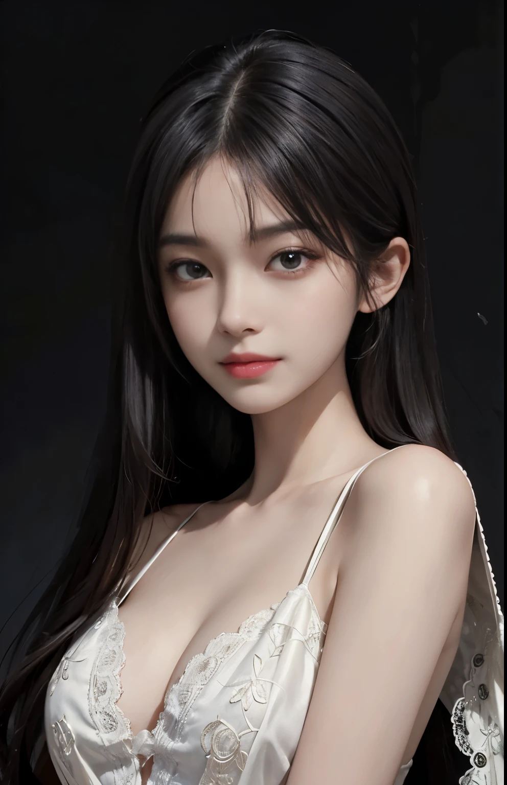 (surreal), (shape), (Improved resolution), (8K), (very detailed), (Best shape), (beautiful and detailed eyes), (highest quality), (Super detailed), (masterpiece ), ( wallpaper), (detailed face), 1 girl, , white shawl,  Lace chest,  big breasts, looking at the viewer, small details, detailed face, in the dark, deep shadow, secret key, Pure erotic face ace_V1, smile, long hair, black straight hair , 46 point diagonal bangs