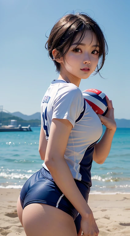 (Close-up:1.4)、(RAW photo:1.2)、(Photoreal:1.4)、(masterpiece:1.3)、(highest quality:1.4)、(beautiful woman with perfect body:1.ung japanese woman、solo、(cute:1.2)、(full body shot)、(medium breasts:1.3)、beautiful breasts、A smile full of happiness、(volleyball uniform:1.3)、(beautiful detailed eyes)、(charming big eyes)、(beautiful double eyelids)、(Beautiful and dense face)、(short hair:1.2)、(beautiful little ass)、sweating、excited look、volleyball player、cowboy shot、volleyball in hand、look back、beach volleyball、volleyball court、