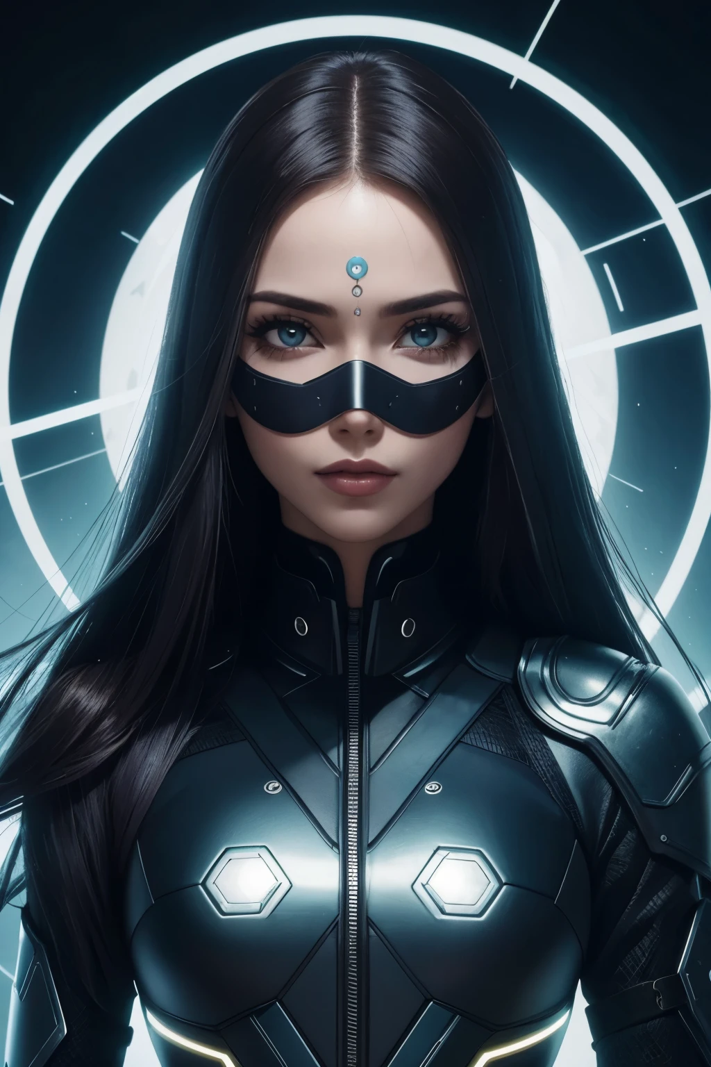 garota com longos cabelos ruivos, olhos vermelhos, futuristic vibes, mouth mask, fones de ouvido, 8k, alta qualidade, fundo simples, olhos brilhantes, boa pose