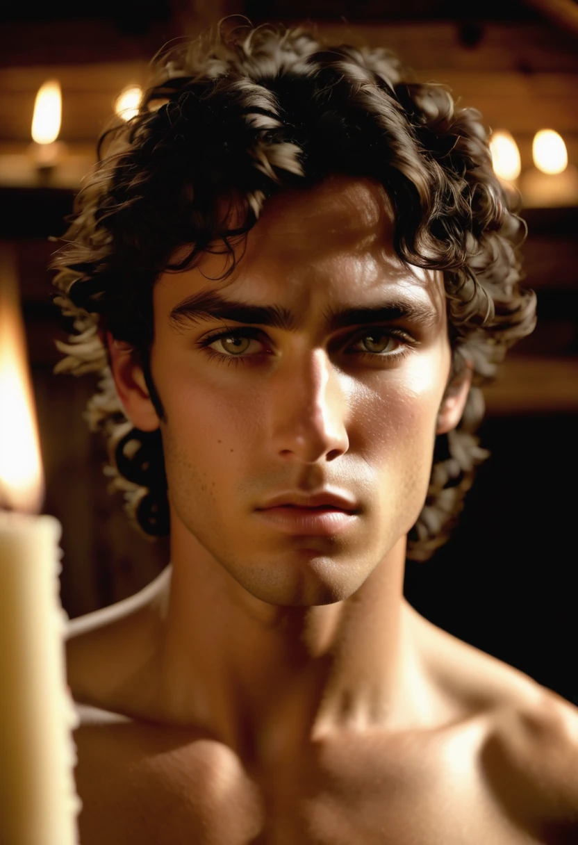 (highly detailed, soft light, photorealistic, dynamic light; cinematic); victorian era; 1820s; 24 years old man; Greek; 1820s Anglican priest; incredibly attractive; dark and brooding; masculine yet beautiful; helpless longing stare; confused expression; Adonis; moody; intense; hooked Greek nose; sensual; amorous air; very attractive; lean figure; olive skin; stubble; hazel-green eyes; thick strong dark-brown eyebrows; long full sideburns; 1820s brown woolen work clothes, unbuttoned; naked lightly-hairy chest showing; short tousled dark-brown wavy hair; full luscious moist lips, parted; mouth slightly open; standing in a cosy candle-lit log cabin in 1820's Canada; looking at camera