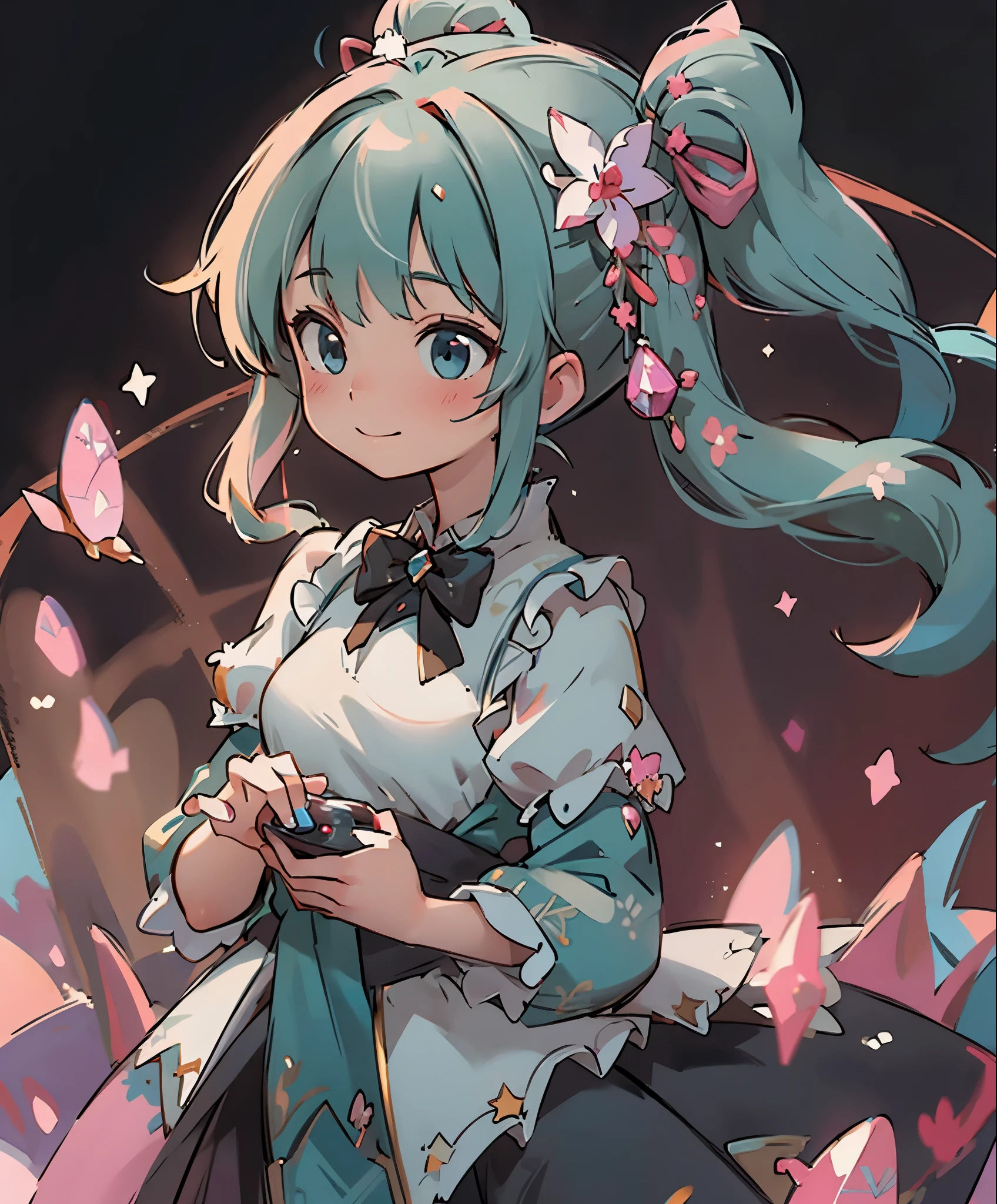 (masterpiece、highest quality、highest quality、official art、beautiful beautiful:1.2)、(1 girl:1.3)Hatsune Miku、twin tails,big breast dramatic composition, court style dress up, royal, nice, カスケードfrills, frills, bow, crystal chandelier, roman style curly hairstyle, to place, double ponytail like a drill, look at the camera, bangs, maximalism, palace background, Delicate depiction of hair and eyes, princess dress, nice skirts, flowers in hand, smile, starry eyes, cinematic light, extreme details, High resolution, happy girl, very long hair, diamond, broken diamond, junction chip, particles of light