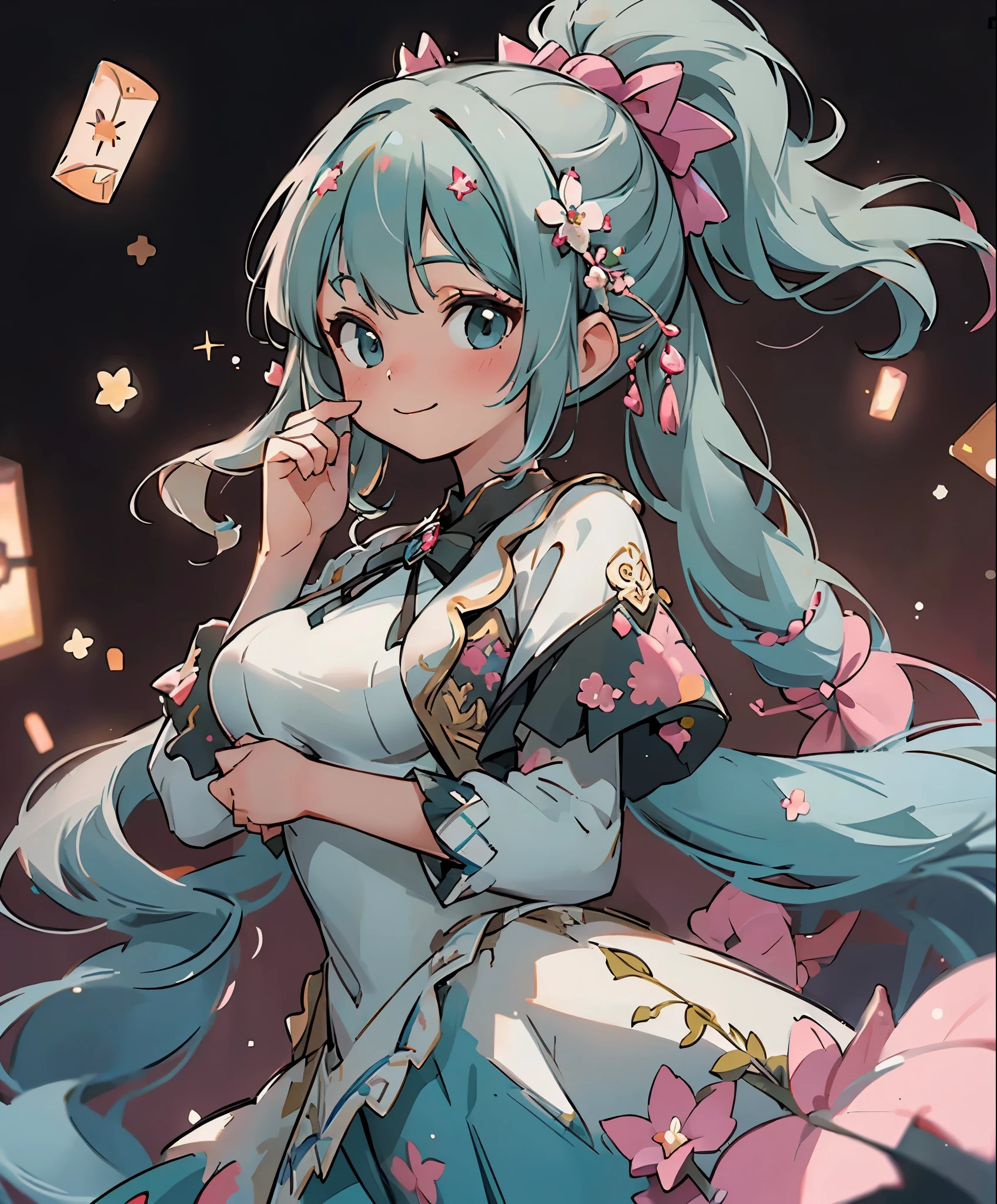 (masterpiece、highest quality、highest quality、official art、beautiful beautiful:1.2)、(1 girl:1.3)Hatsune Miku、twin tails,big breast dramatic composition, court style dress up, royal, nice, カスケードfrills, frills, bow, crystal chandelier, roman style curly hairstyle, to place, double ponytail like a drill, look at the camera, bangs, maximalism, palace background, Delicate depiction of hair and eyes, princess dress, nice skirts, flowers in hand, smile, starry eyes, cinematic light, extreme details, High resolution, happy girl, very long hair, diamond, broken diamond, junction chip, particles of light