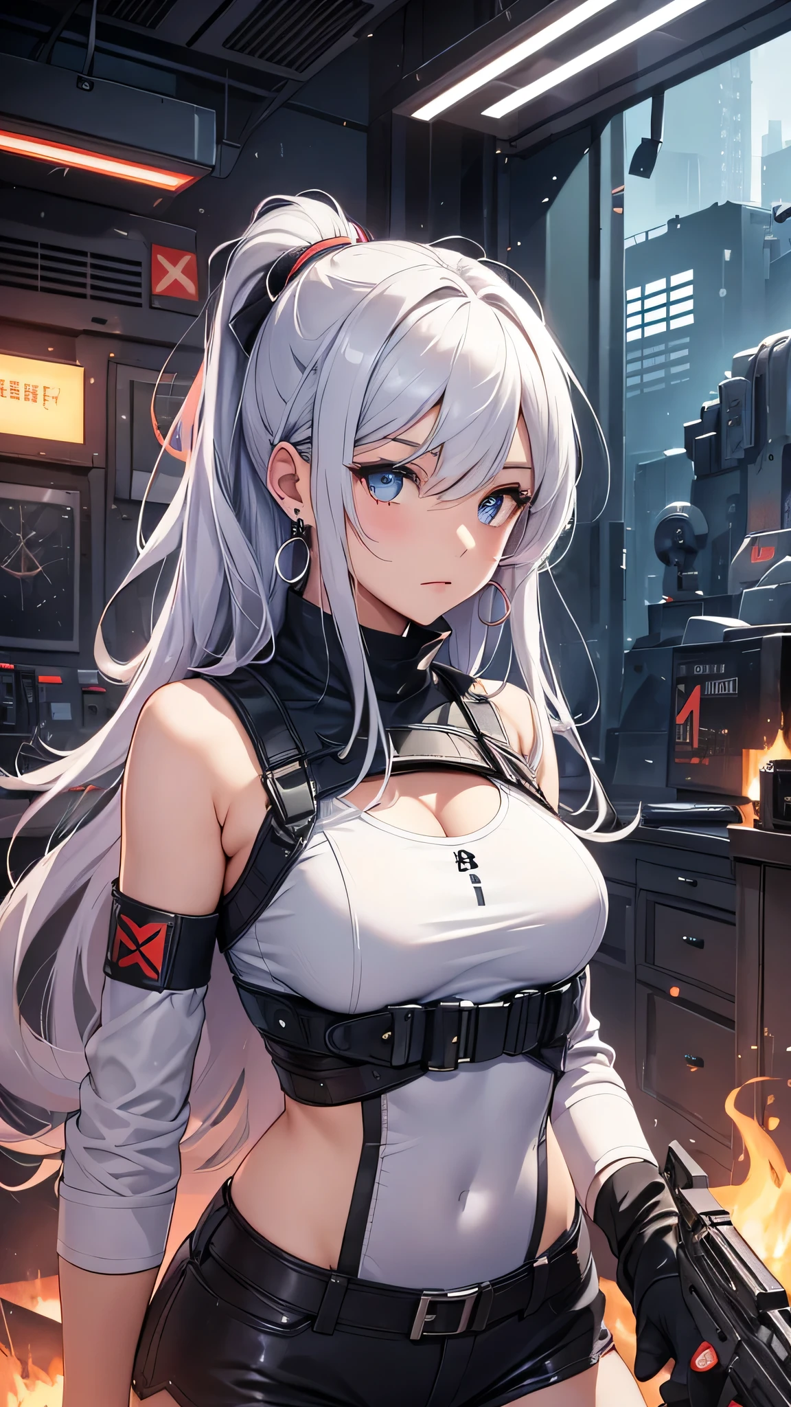 最high quality、best image quality、masterpiece、girl((18-year-old、 By becoming、vest bust、medium bust,wide open breast tea、shining eyes, silver hair、ponytail、long hair、thin,highest valley、white tank top、blue pants、Wristband、brown skin、Holding a handgun、ruby earrings)),high quality、beautiful art、background((Dark Research Facility、broken wall、warning mark、battlefield))、Flight、debris flies、Depth of written boundary、movie、visual art、perfect art、8K,genuine、