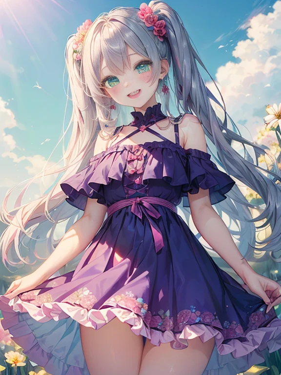 小さなgirl、The arrival of spring、big butt、 (alone:1.5,)Super detailed,bright colors, very beautiful detailed anime face and eyes, look straight, ;d, shiny_skin,girl, ((silver long hair,Inner color is red 、forehead is exposed.、green eyes、、shiny hair, delicate beautiful face, blush、(turquoise eyes), White skin, Valletta, earrings,、blue flower field、(((floral pink ruffle dress、purple mini skirt)))、twin tails、smile、happy face、face dyed red