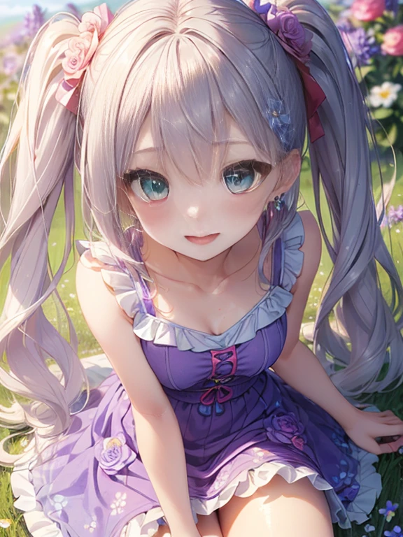 小さなgirl、The arrival of spring、big butt、 (alone:1.5,)Super detailed,bright colors, very beautiful detailed anime face and eyes, look straight, ;d, shiny_skin,girl, ((silver long hair,Inner color is red 、forehead is exposed.、green eyes、、shiny hair, delicate beautiful face, blush、(turquoise eyes), White skin, Valletta, earrings,、blue flower field、(((Floral pink outfit、purple mini skirt)))、twin tails、smile、happy face、face dyed red