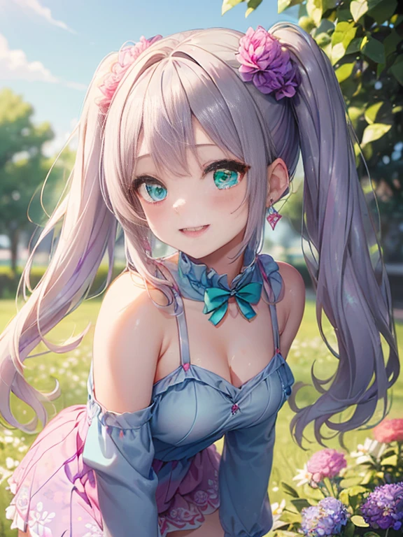 小さなgirl、The arrival of spring、big butt、 (alone:1.5,)Super detailed,bright colors, very beautiful detailed anime face and eyes, look straight, ;d, shiny_skin,girl, ((silver long hair,Inner color is red 、forehead is exposed.、green eyes、、shiny hair, delicate beautiful face, blush、(turquoise eyes), White skin, Valletta, earrings,、blue flower field、(((floral pink ruffle dress、purple mini skirt)))、twin tails、smile、happy face、face dyed red