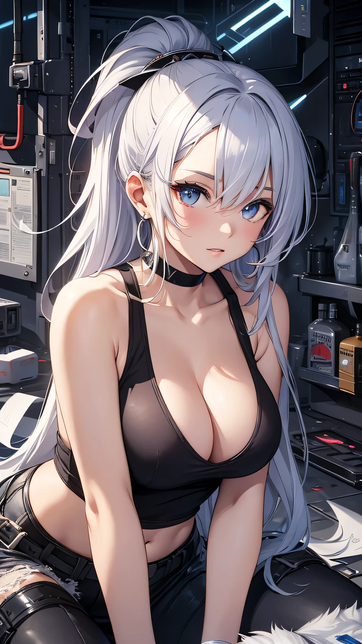 最high quality、best image quality、masterpiece、girl((18-year-old、 By becoming、vest bust、medium bust,wide open breast tea、shining eyes, silver hair、ponytail、long hair、thin,highest valley、white tank top、blue pants、Wristband、Holding a handgun、ruby earrings、squat、hold a gun)),high quality、beautiful art、background((Dark Research Facility、broken wall、warning mark、battlefield))、Flight、debris flies、Depth of written boundary、movie、visual art、perfect art、8K,genuine、