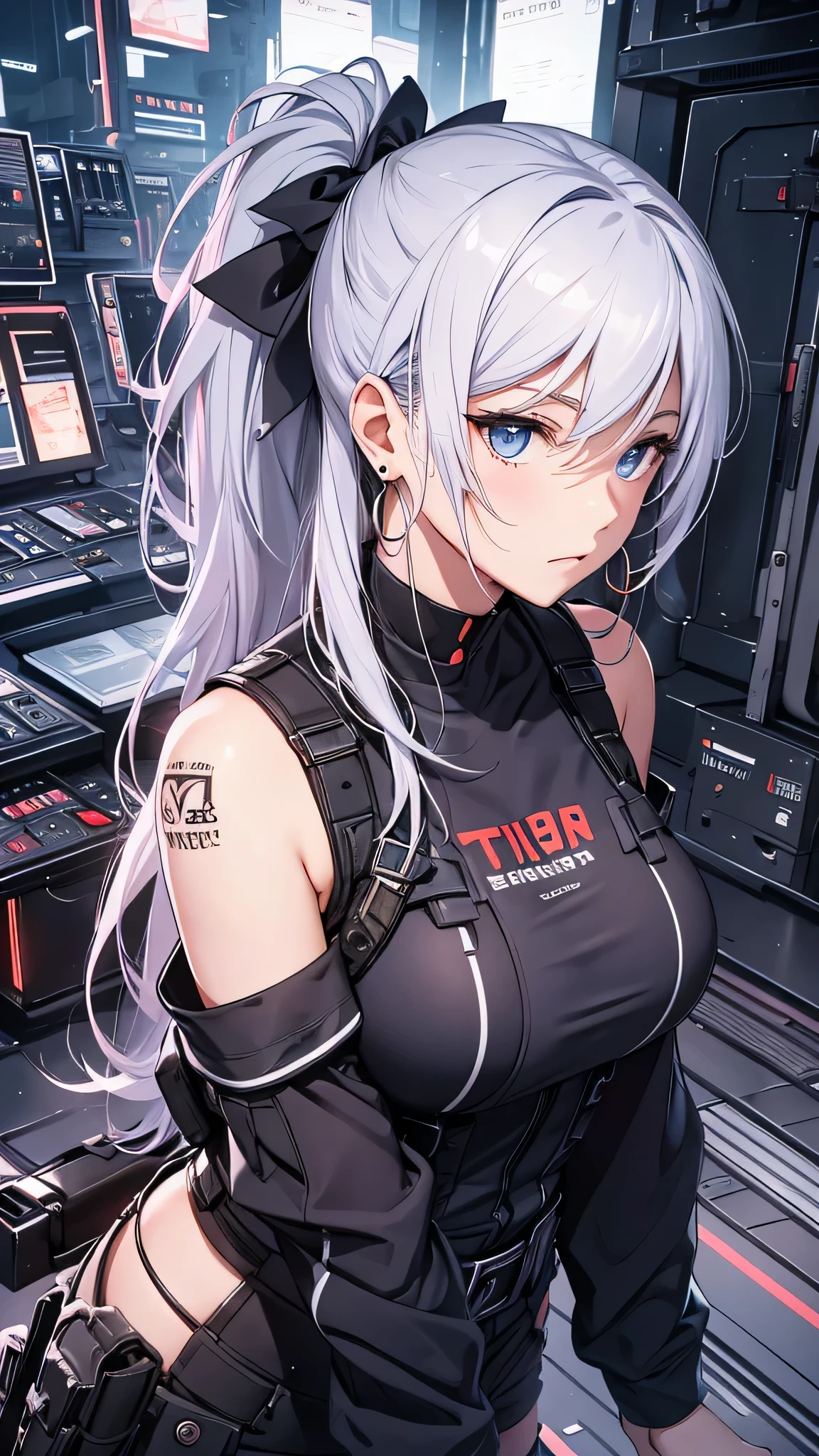 最high quality、best image quality、masterpiece、girl((18-year-old、 By becoming、vest bust、medium bust,wide open breast tea、shining eyes, silver hair、ponytail、long hair、thin,highest valley、white tank top、blue pants、Wristband、Holding a handgun、ruby earrings、squat、hold a gun)),high quality、beautiful art、background((Dark Research Facility、broken wall、warning mark、battlefield))、Flight、debris flies、Depth of written boundary、movie、visual art、perfect art、8K,genuine、
