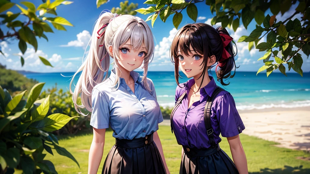 2girls, summer, village, trees, sun, clouds, ((colorful hair)), ponytail, large breasts, button down, blue eyes, ((purple shirt)), ((unbuttoned shirt)), unbuttoning buttons, popping buttons, ((short sleeved shirt)), black mini skirt, brown shoes, grin, looking at the viewer, standing, hair ribbon, cleavage, golden necklate